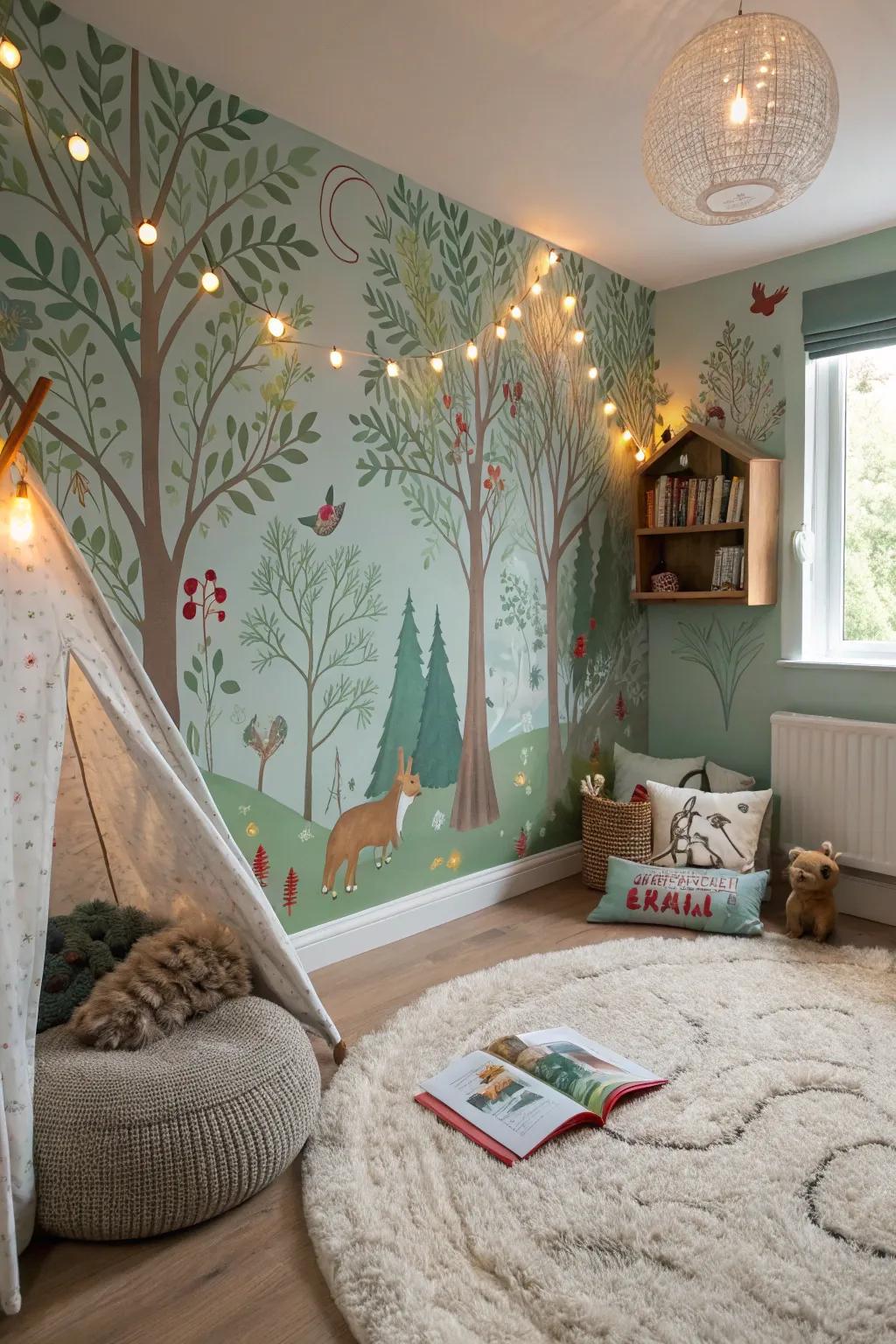 Fashion magic using forest-themed wall covering.