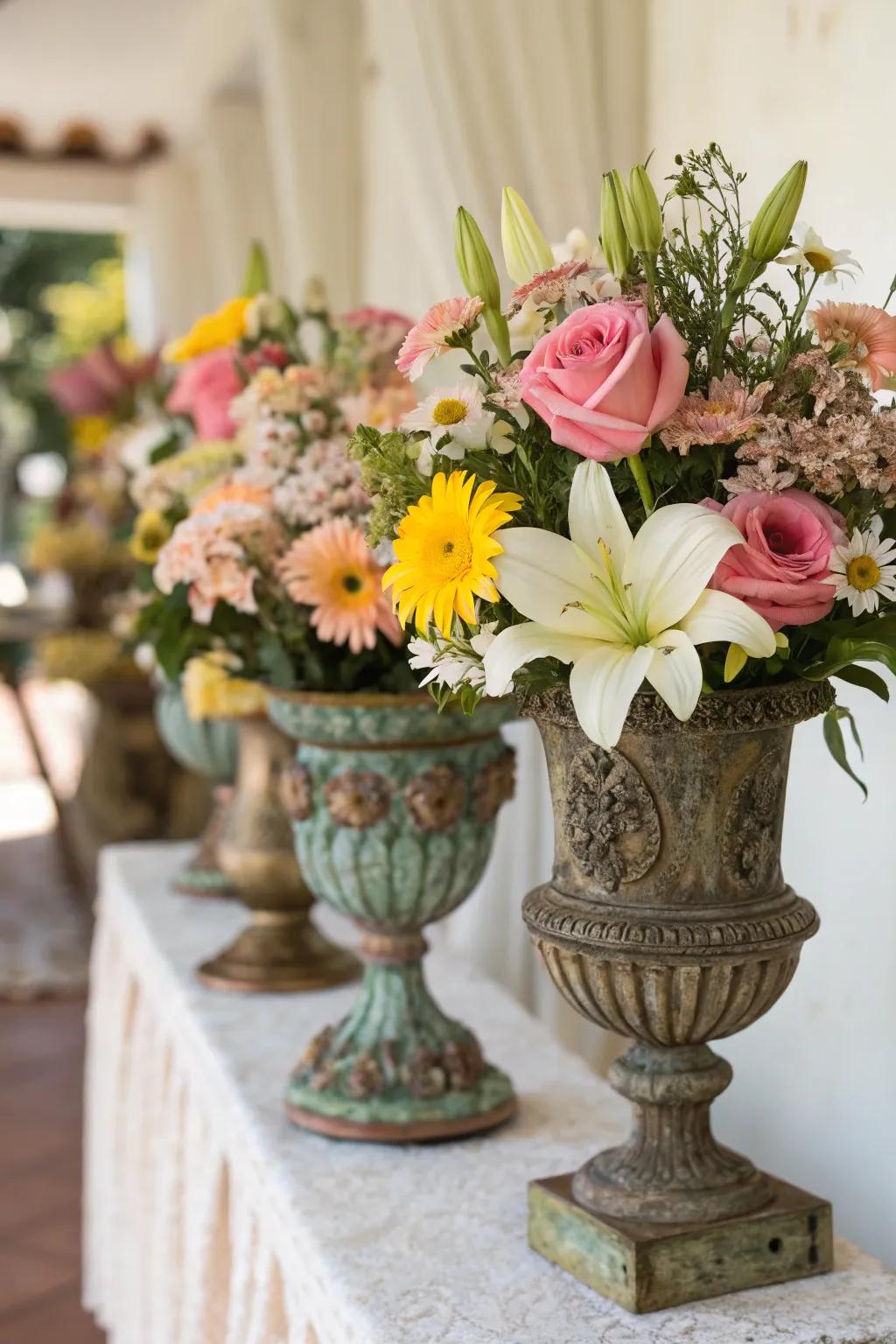 A charming vintage centerpiece with antique vessels and garden roses.