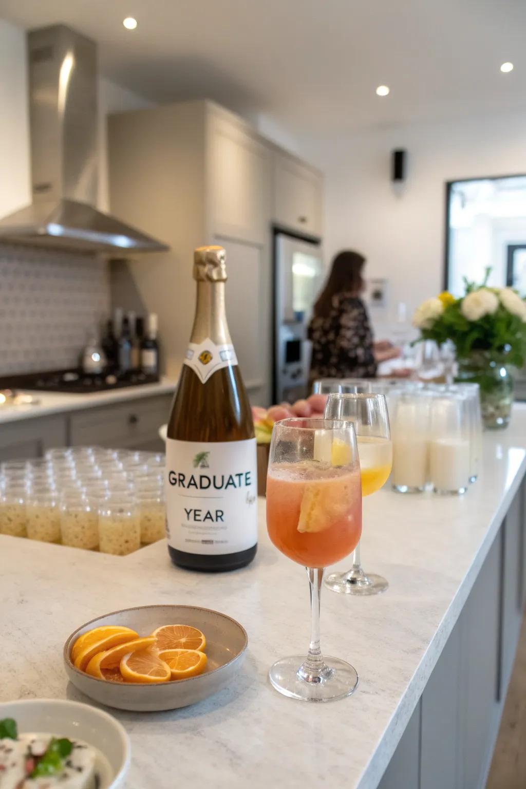 Bespoke beverage stickers add a personalized touch to the graduation festivity.