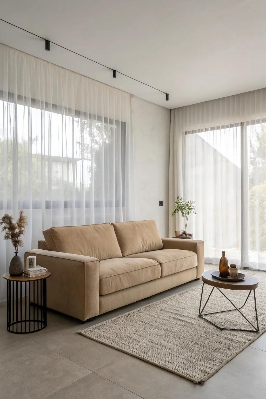 A minimalist method accentuates the beauty of a beige couch.