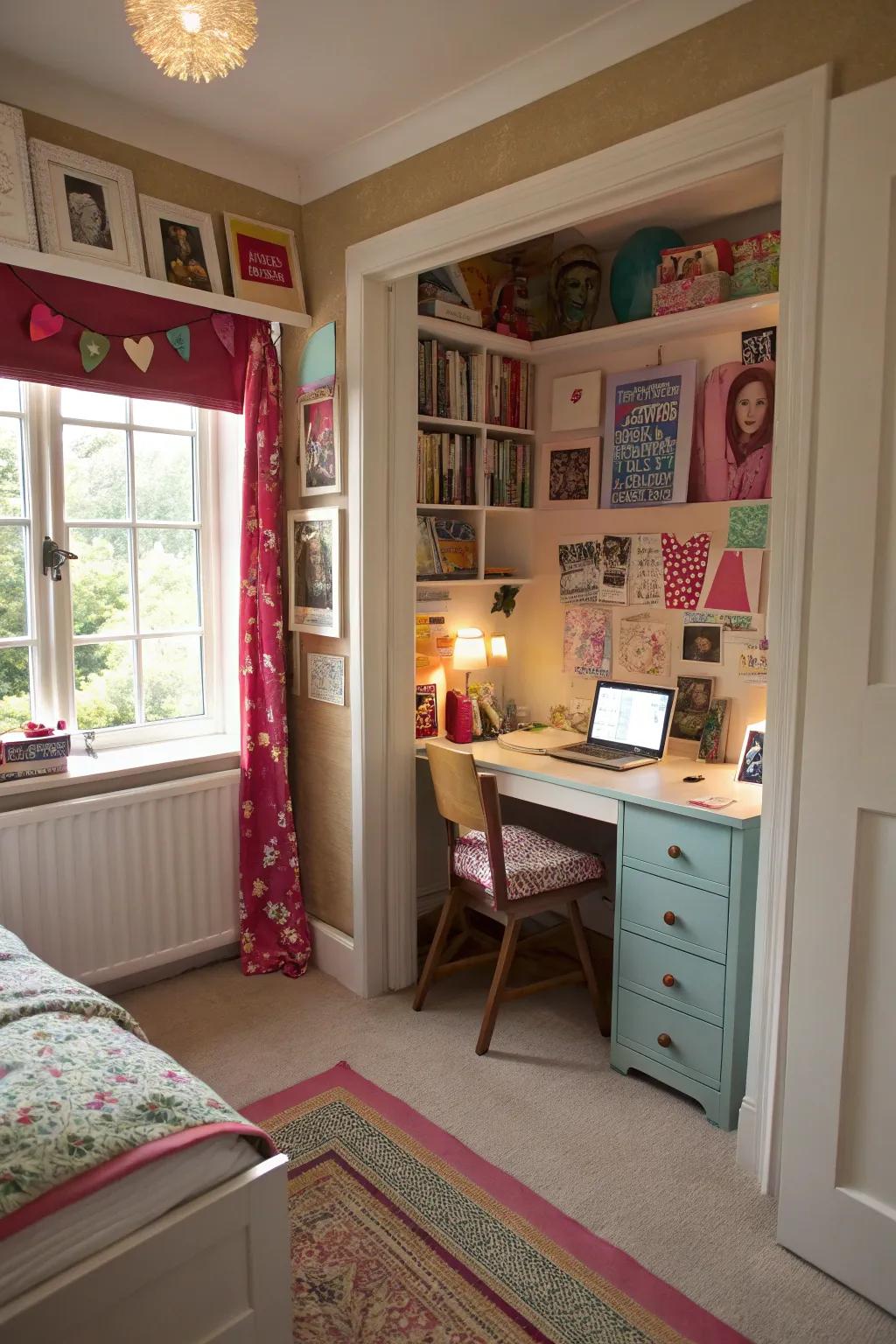 A hidden study area offers a quiet and functional study space in a teenage girl's room.