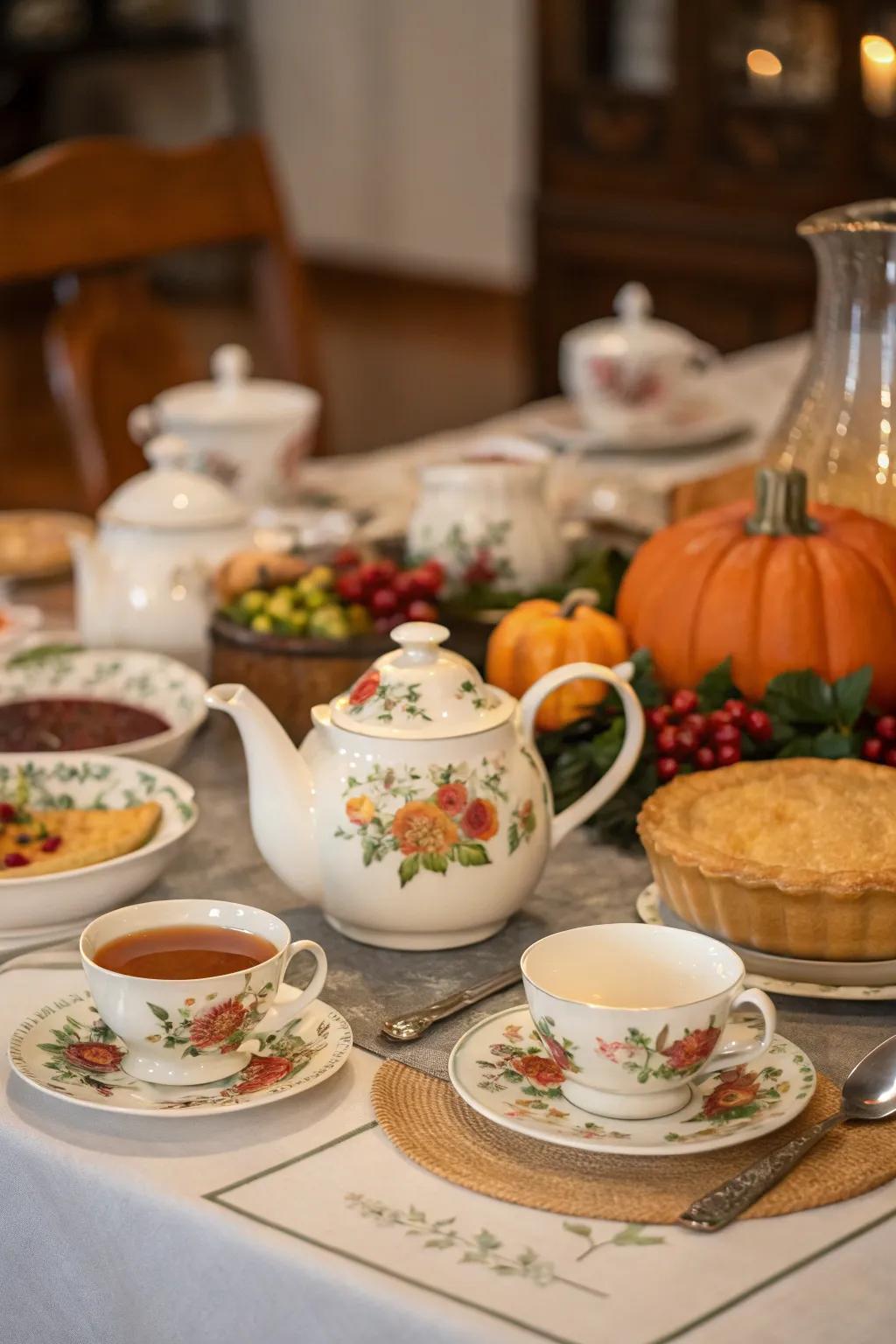 A tea gathering adds charm to Thanksgiving celebrations.