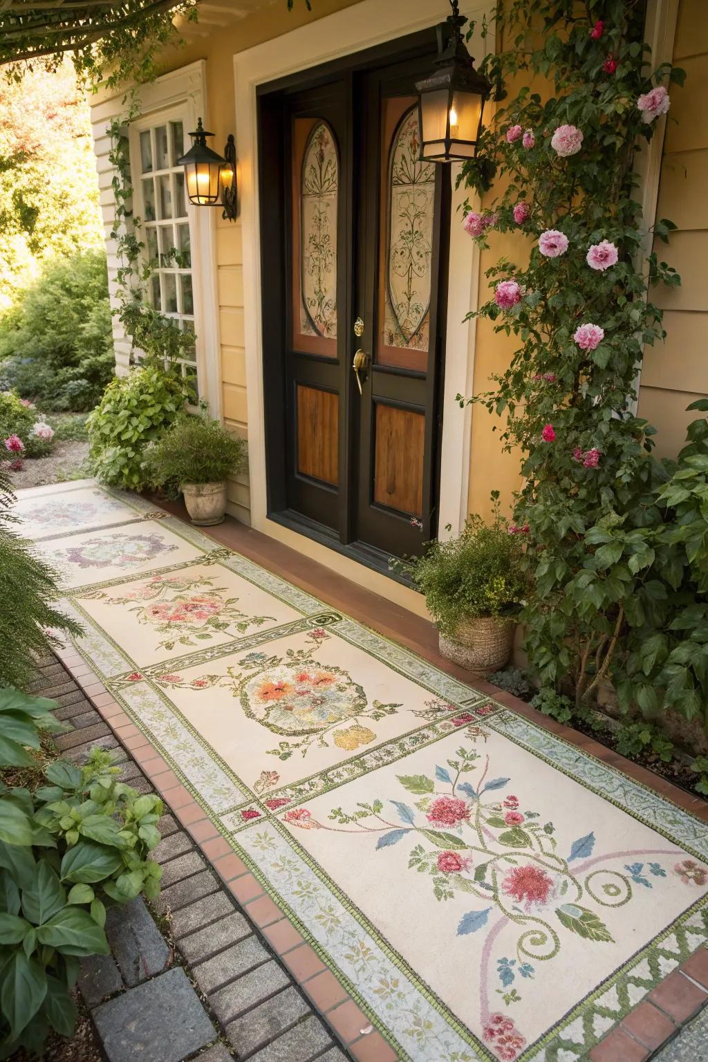 Invite visitors into a garden path with floral tile designs.