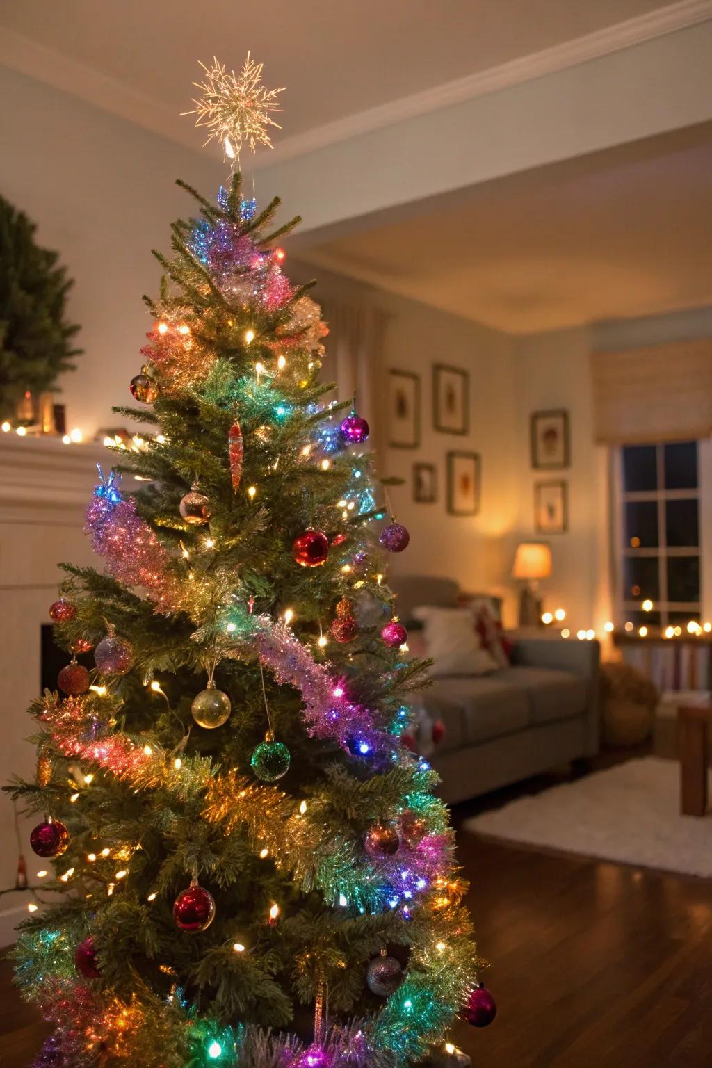 A subtly shimmering home decor scene showcasing a Christmas tree with light sparkle.