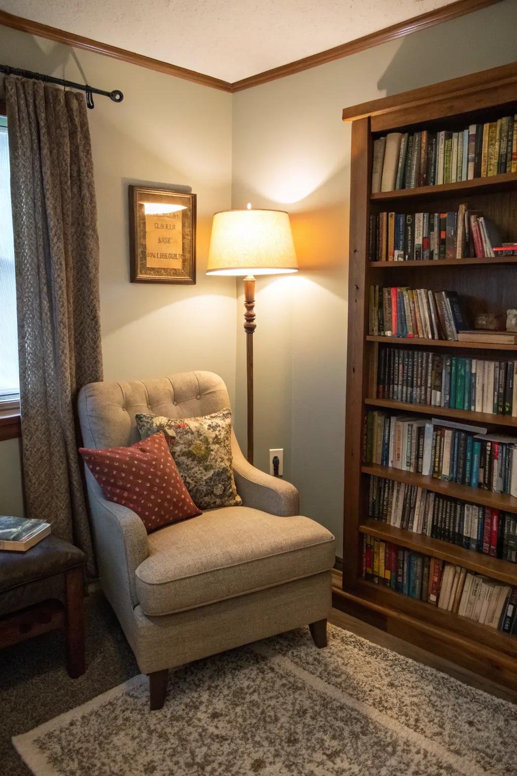 A quiet reading area offers a peaceful escape within a small room.