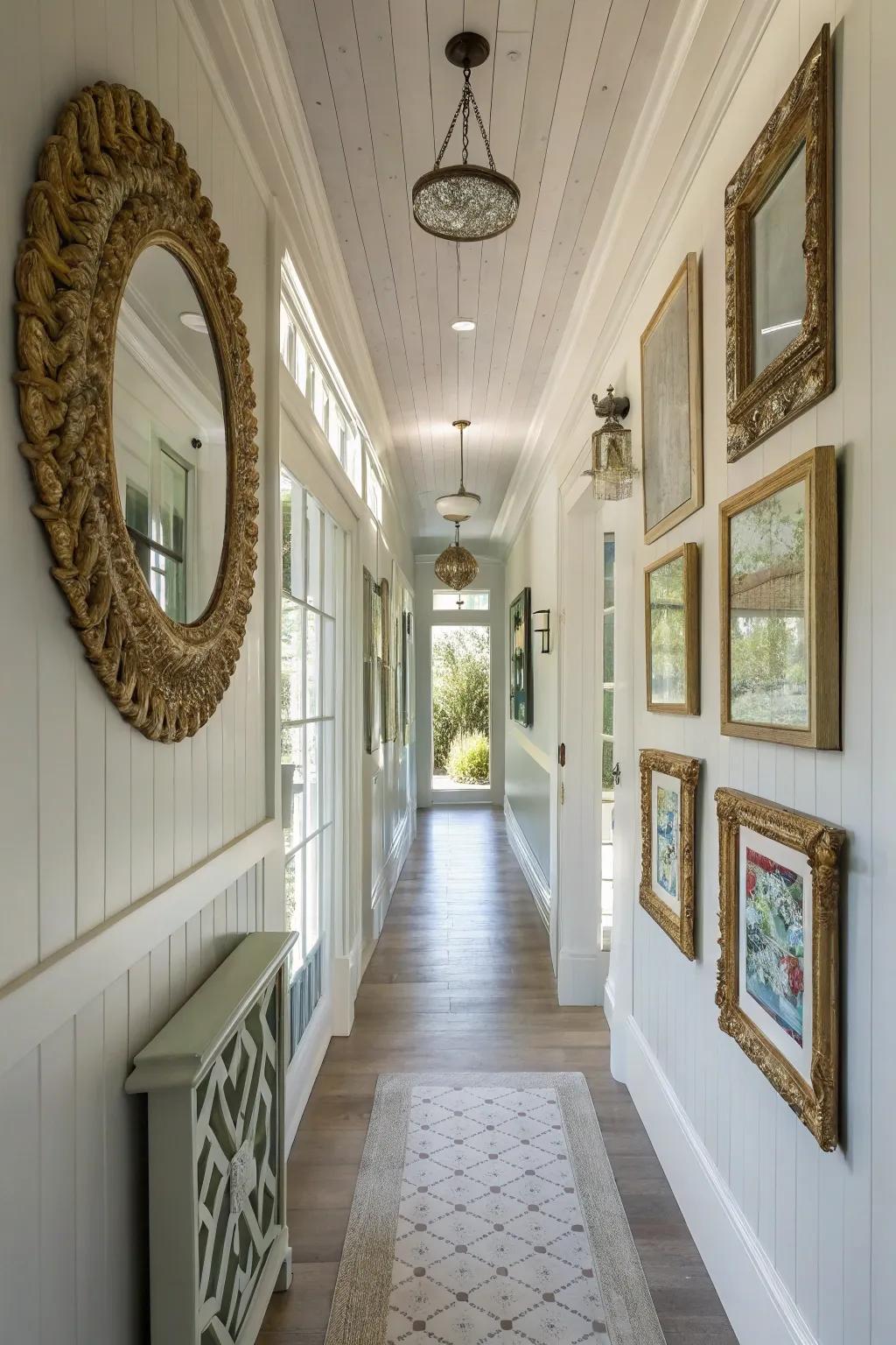Shiplap walls make this hallway feel inviting.