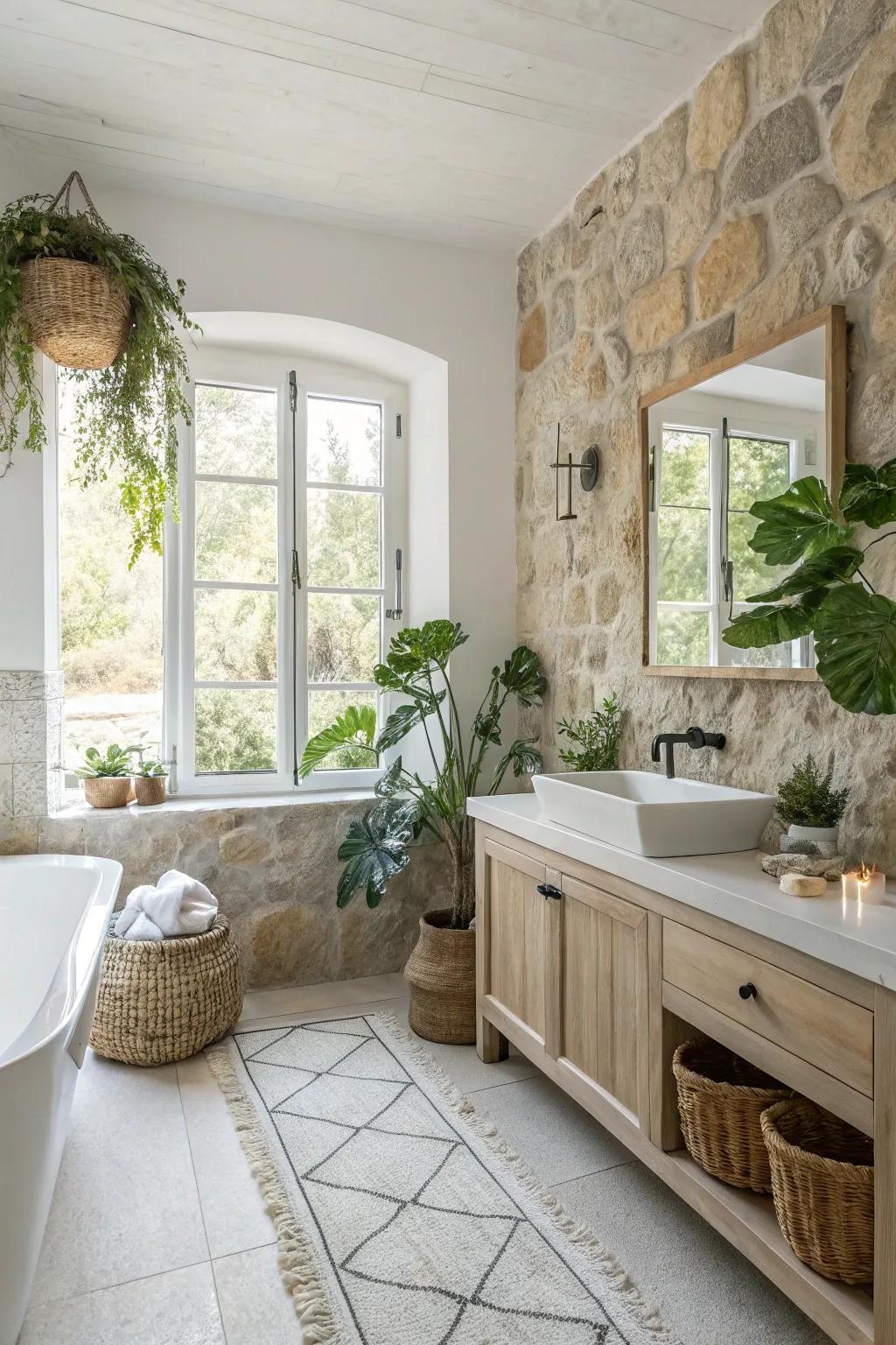 A white bathroom designed with organic stone accents that incorporate an organic touch.