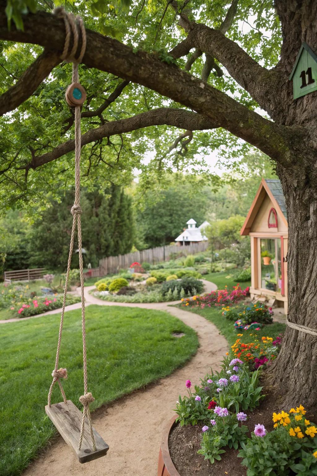 Playful aspects such as swings append amusement and charisma to your garden.