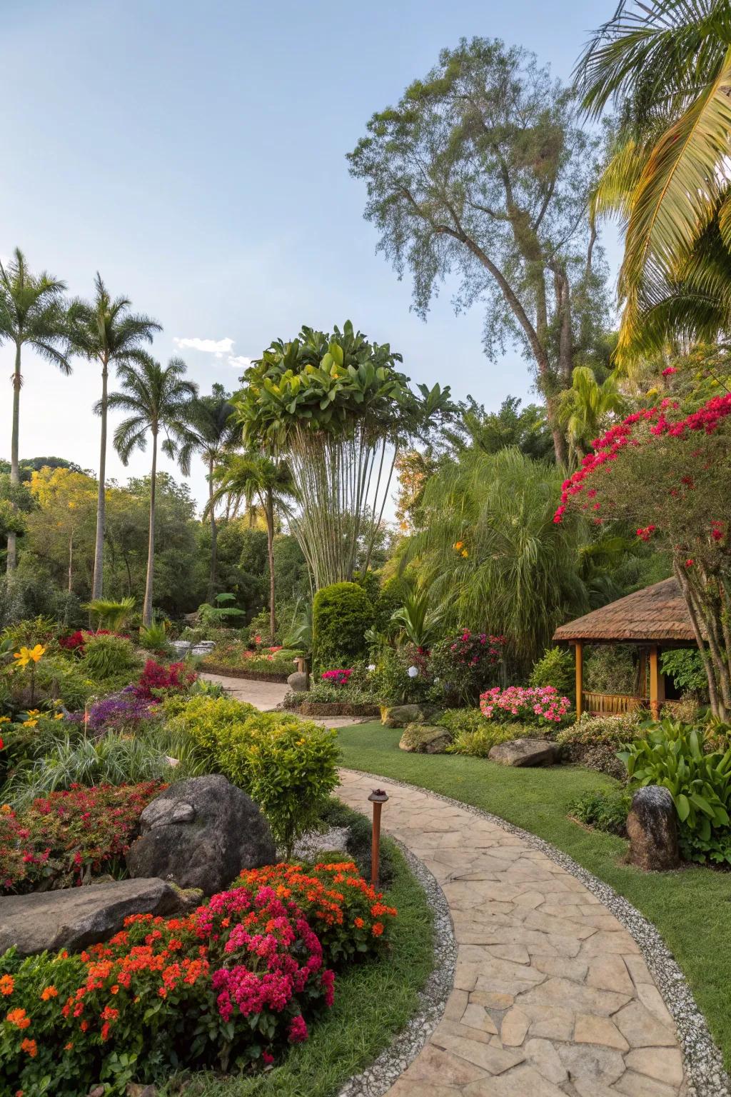 Themed zones providing diversity and interest in the tropical garden.