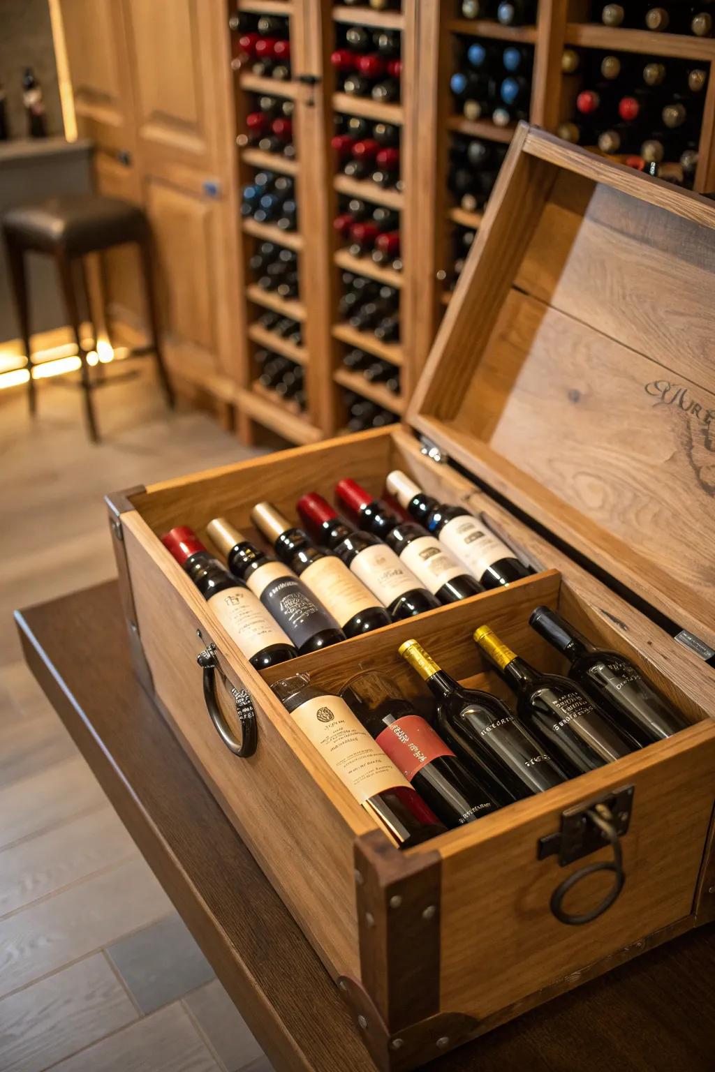 A trunk presents creative wine storage, perfect for every wine connoisseur.