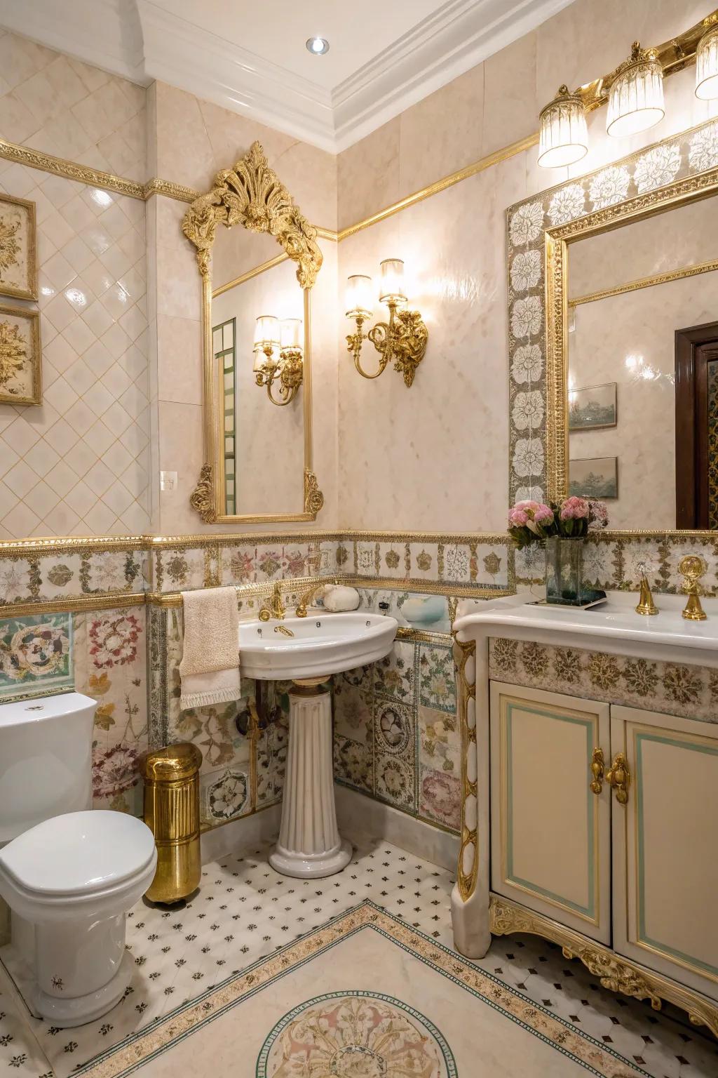 Vintage allure through elaborate fixtures and classic tiles establishes a timeless bathroom.