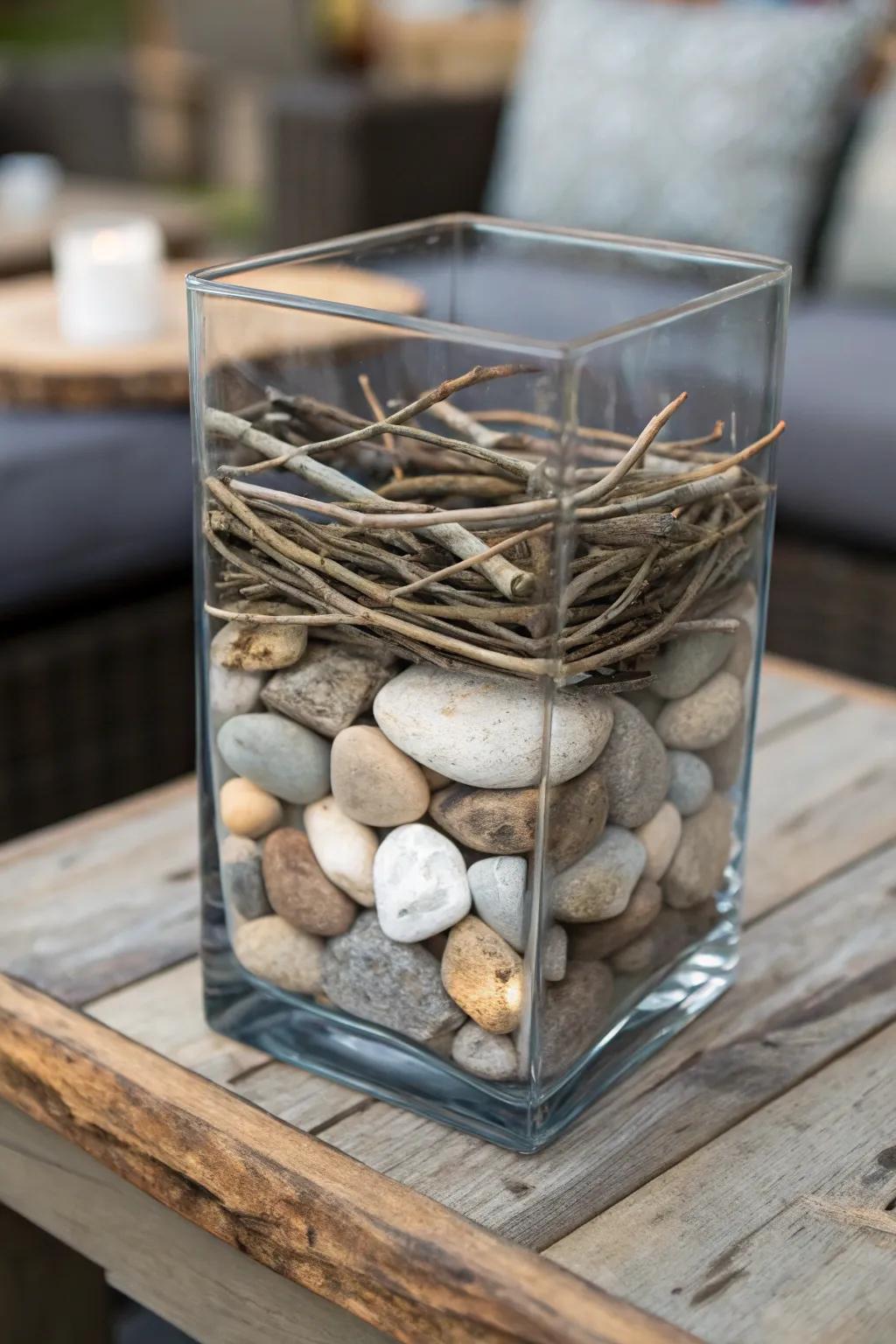 A layered and textured twig and stone centerpiece.