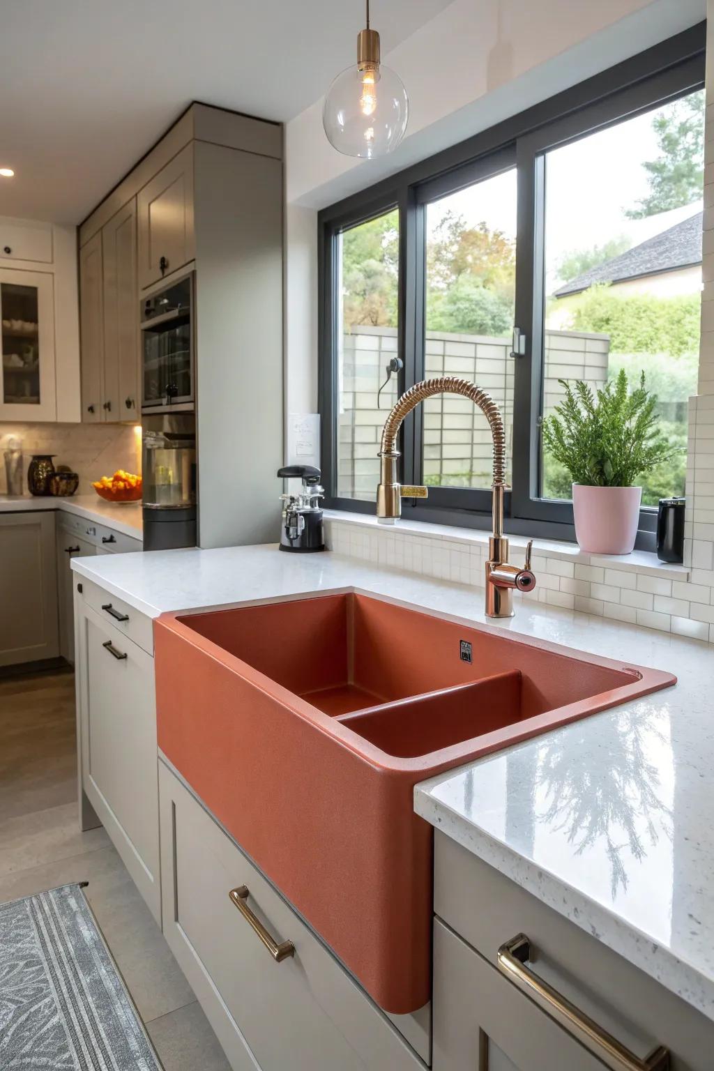 An undermount sink in an unexpected color injecting a wow element into the kitchen.