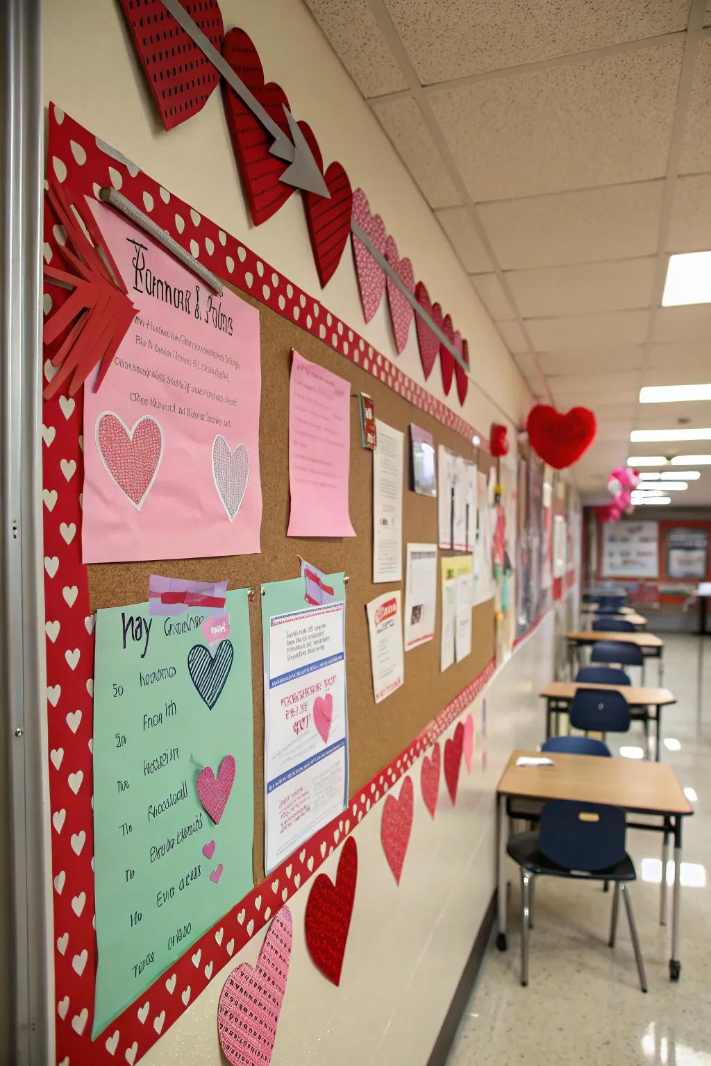 A Cupid's Corner bulletin board showcasing thematic Valentine's adornments.