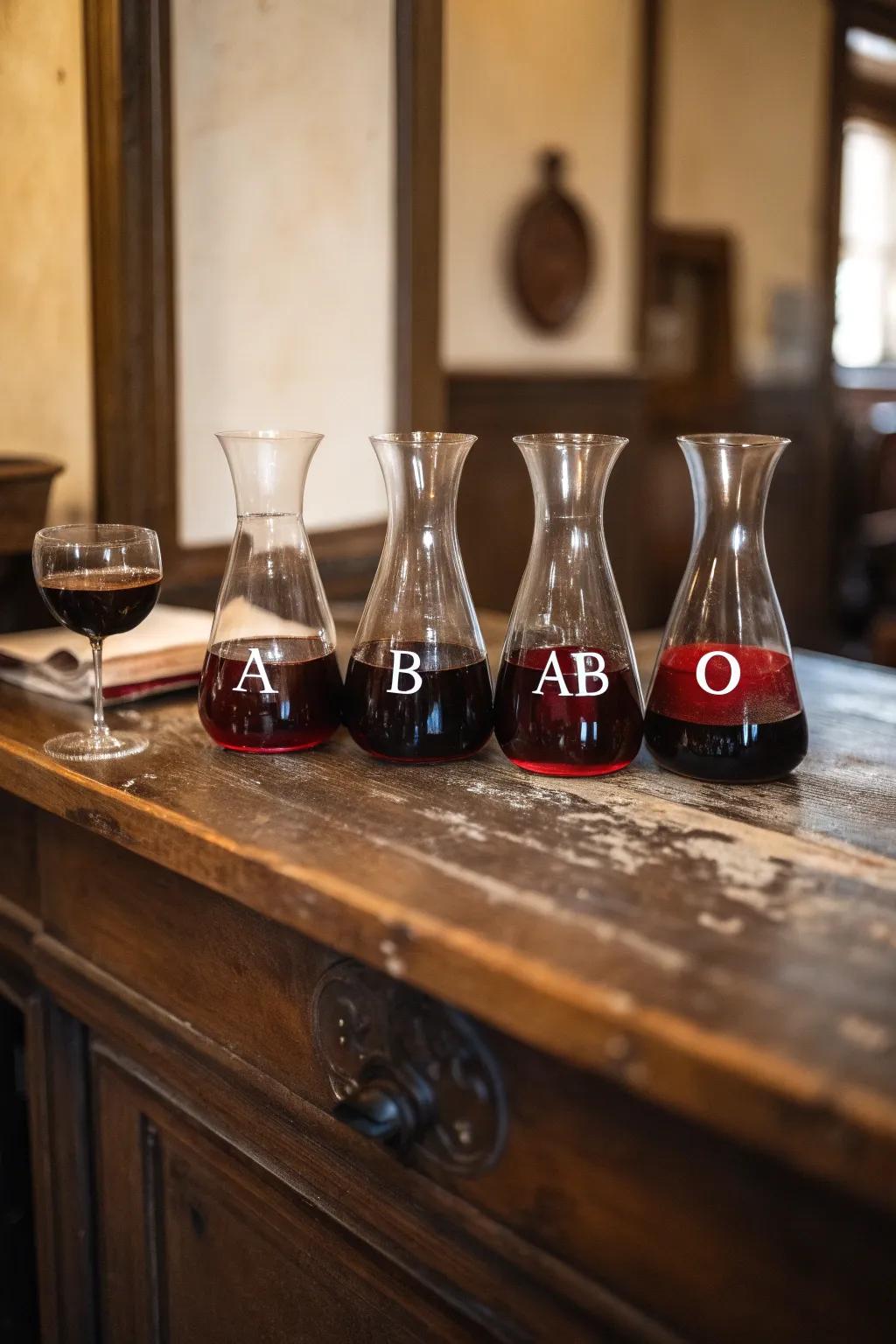 Blood type decanters present a unique and thematic spin to drink service.