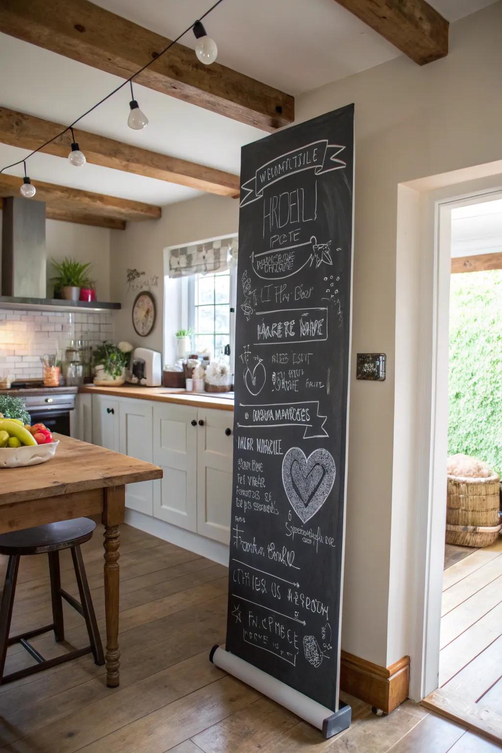A family kitchen is made more dynamic by an interactive chalkboard banner.