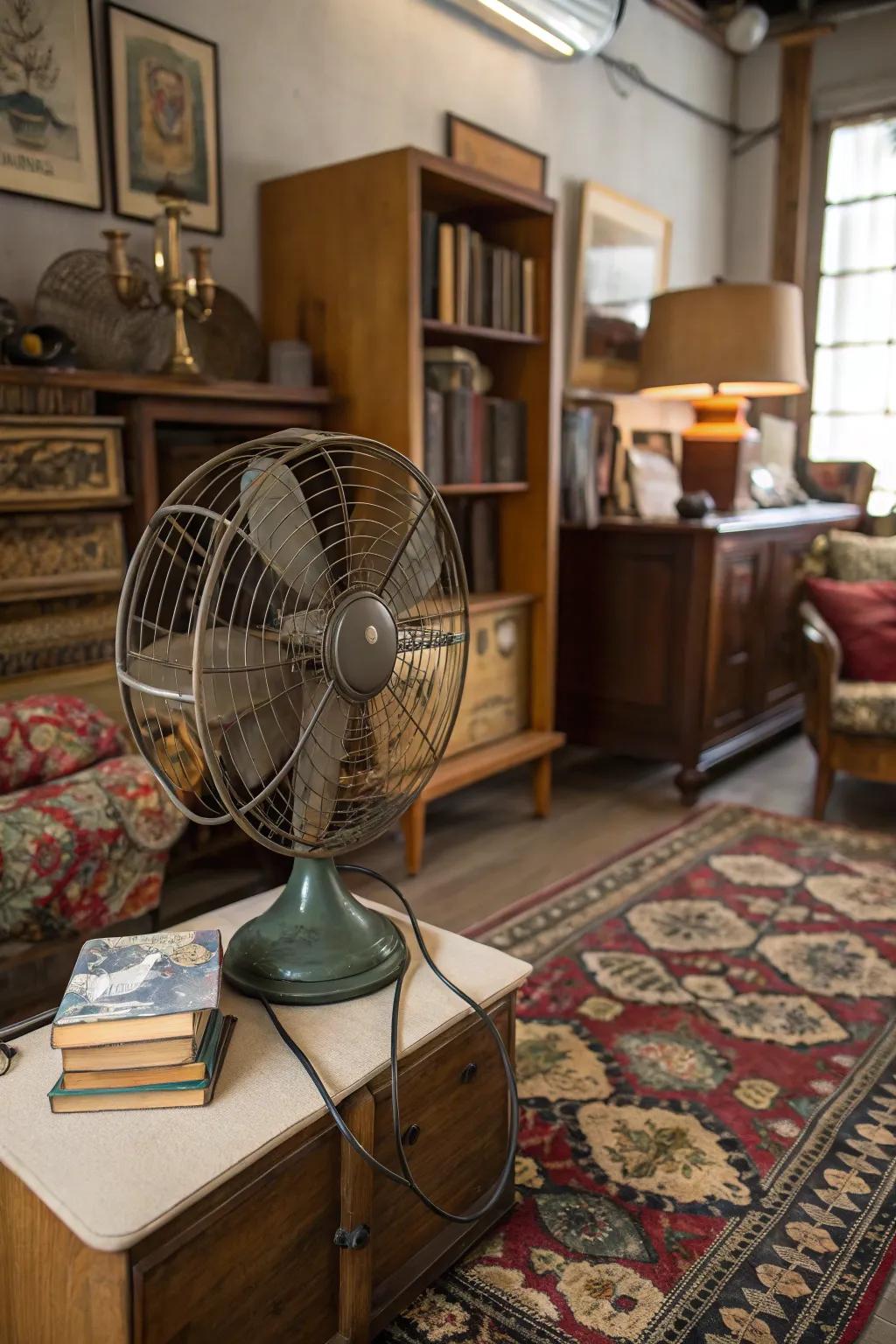 A vintage fan infuses the room with a retro cool vibe, even when not in use.