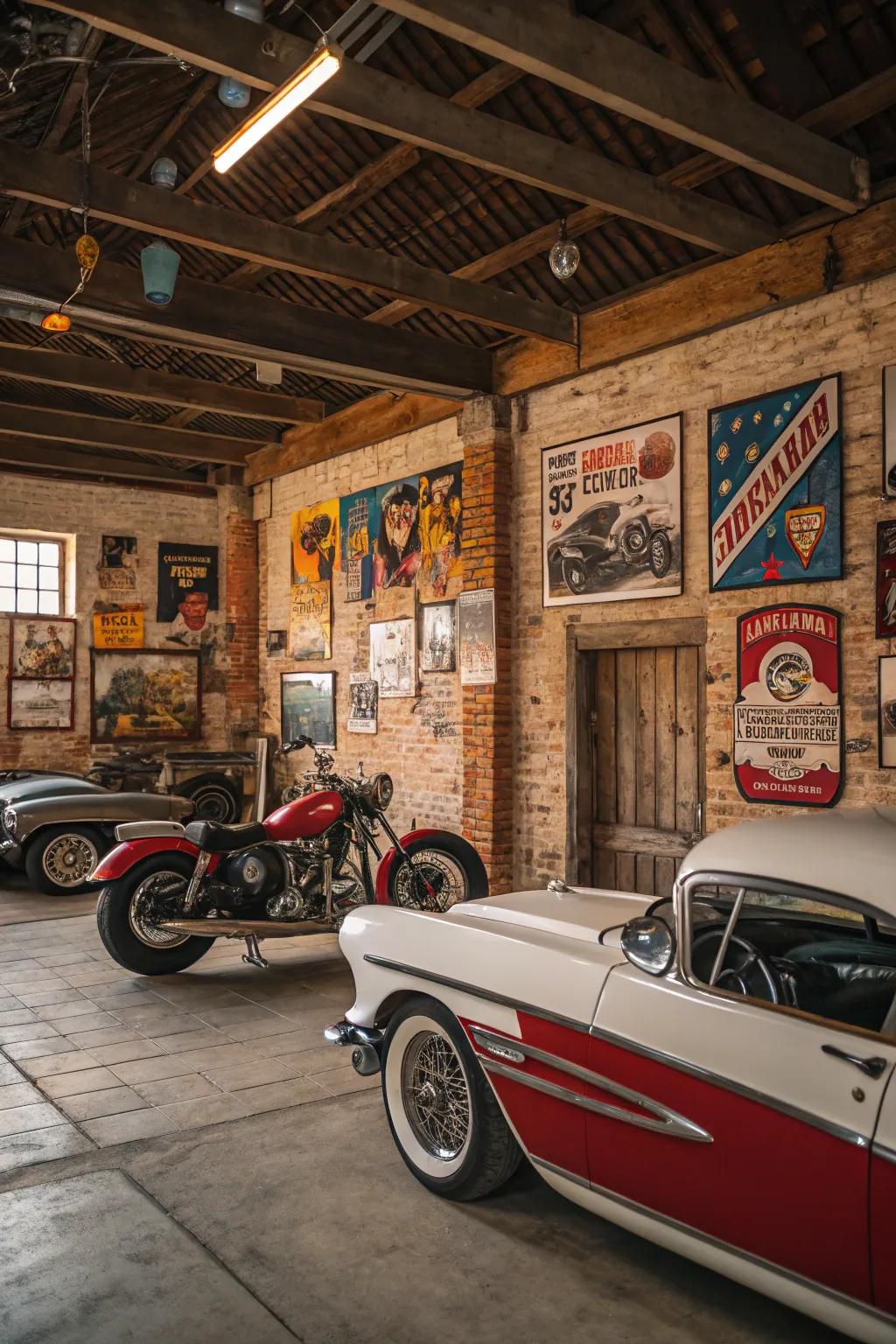 Retro wall art imparts a narrative and flair to the garage.