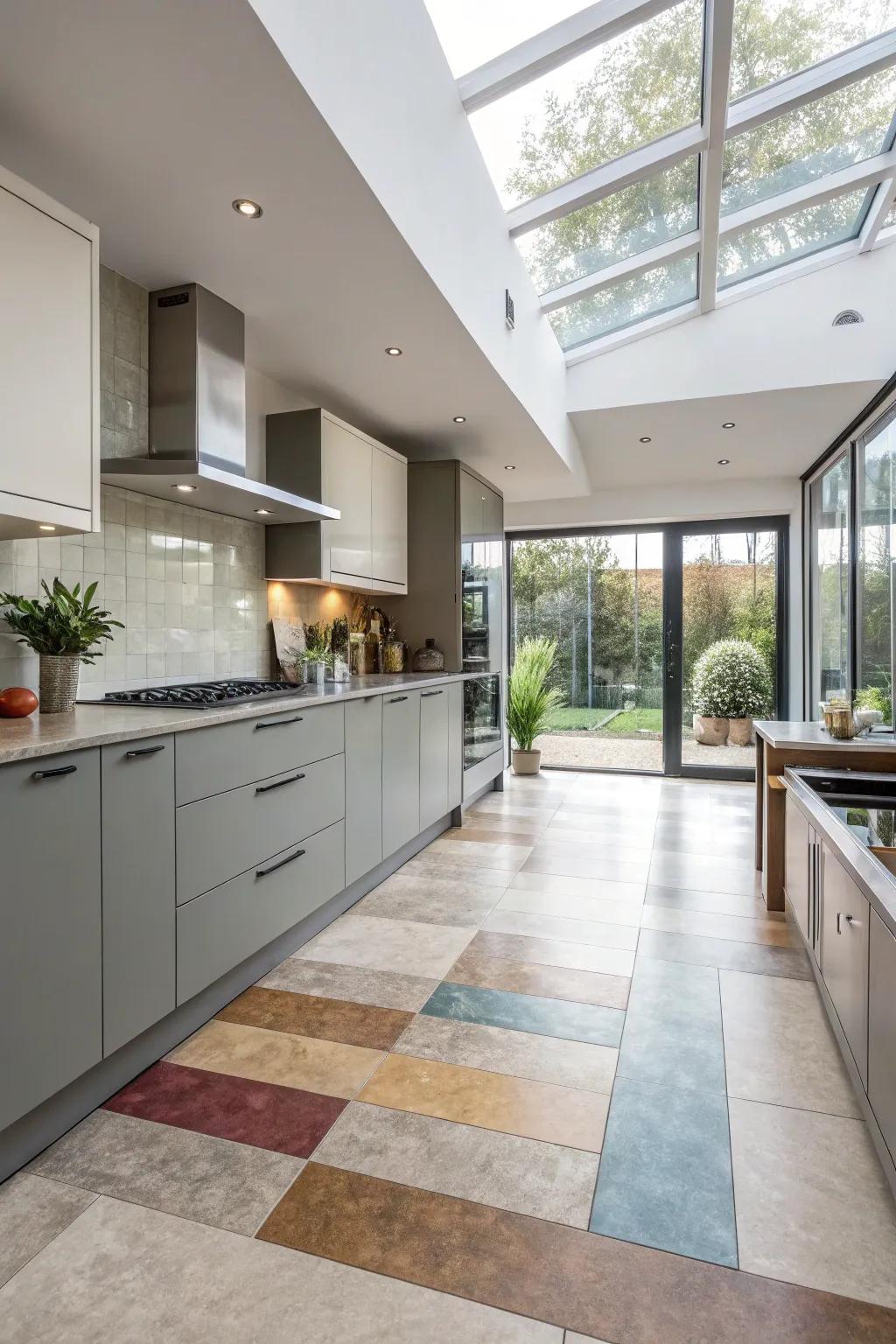 Characterize areas creatively using zoned vinyl flooring.