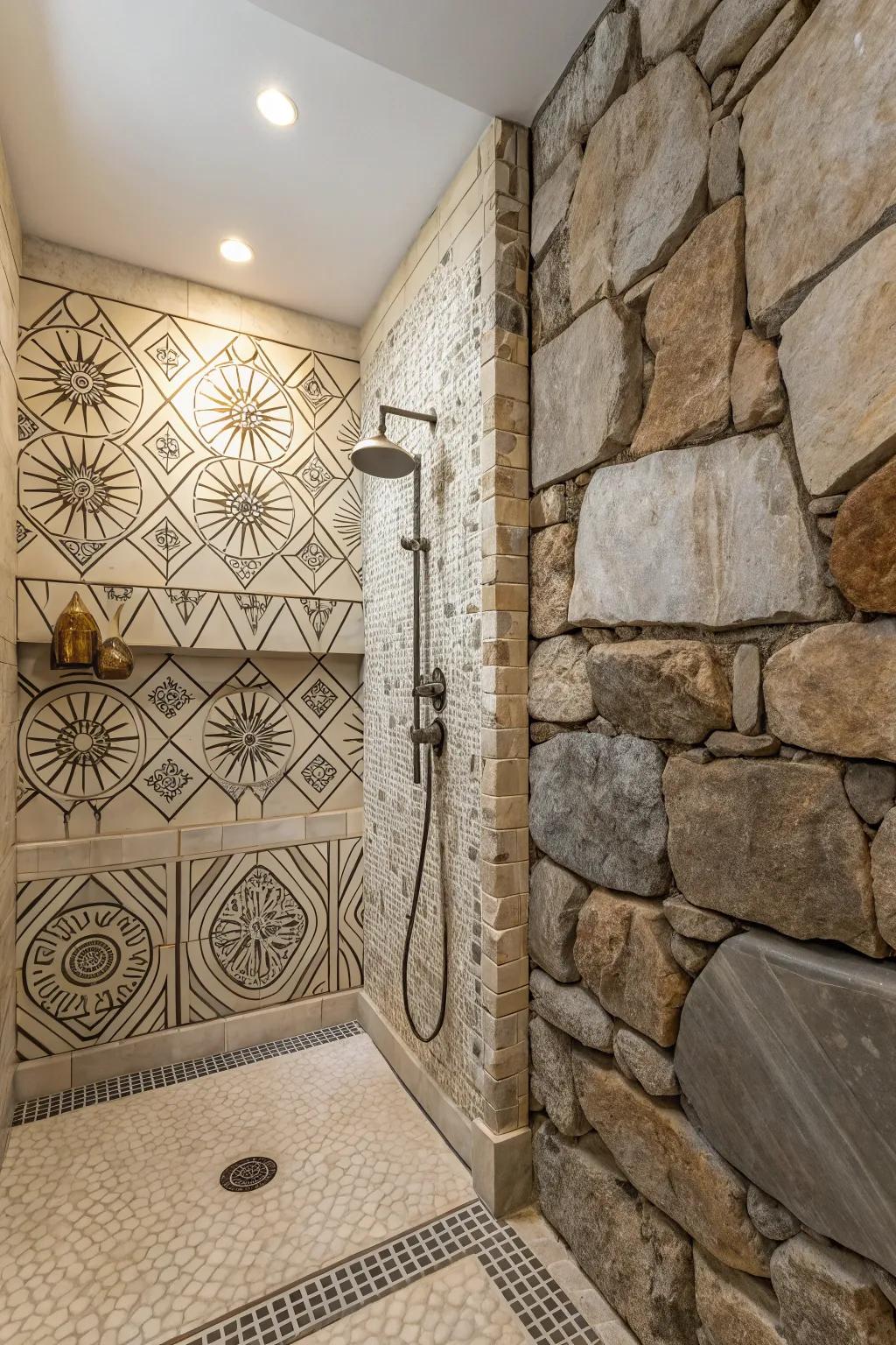 Shower with distinct tiling configurations and rock walls.