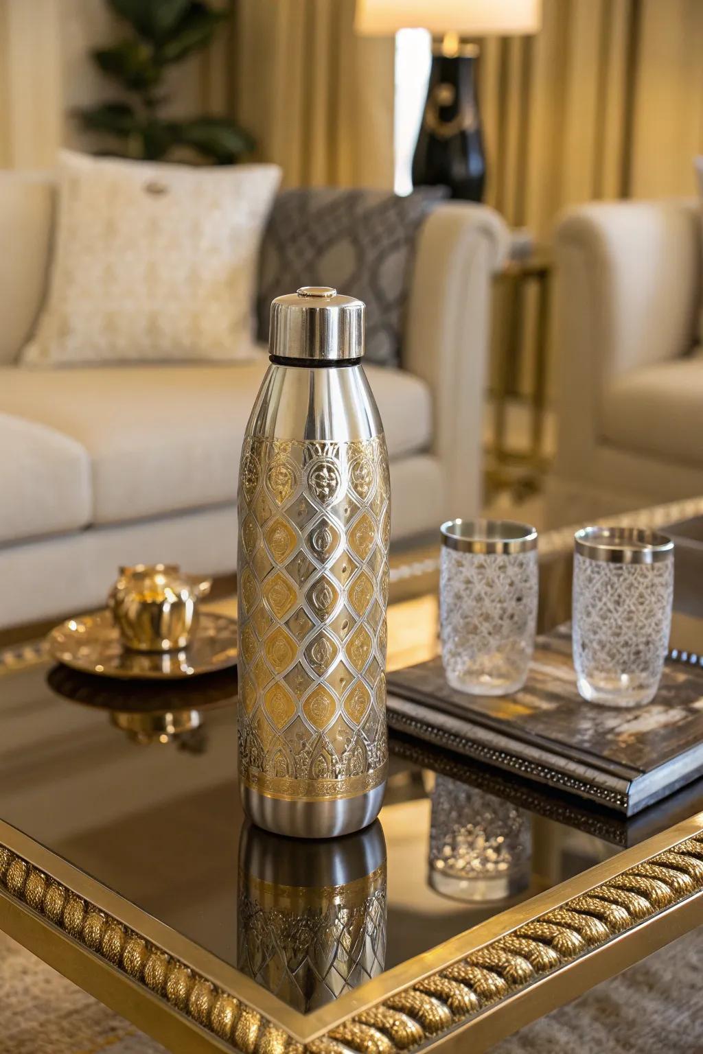A deluxe drinking bottle displaying a metallic foil design.