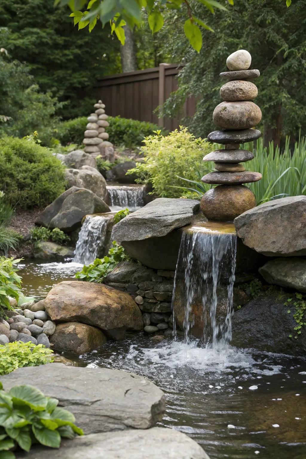 An intriguing garden waterfall appears to have stones floating in mid-air.