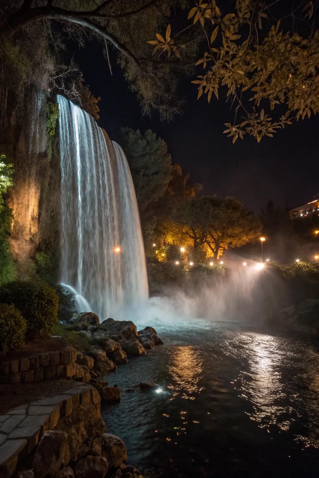 Underwater lighting transforms a waterfall into a nighttime spectacle.