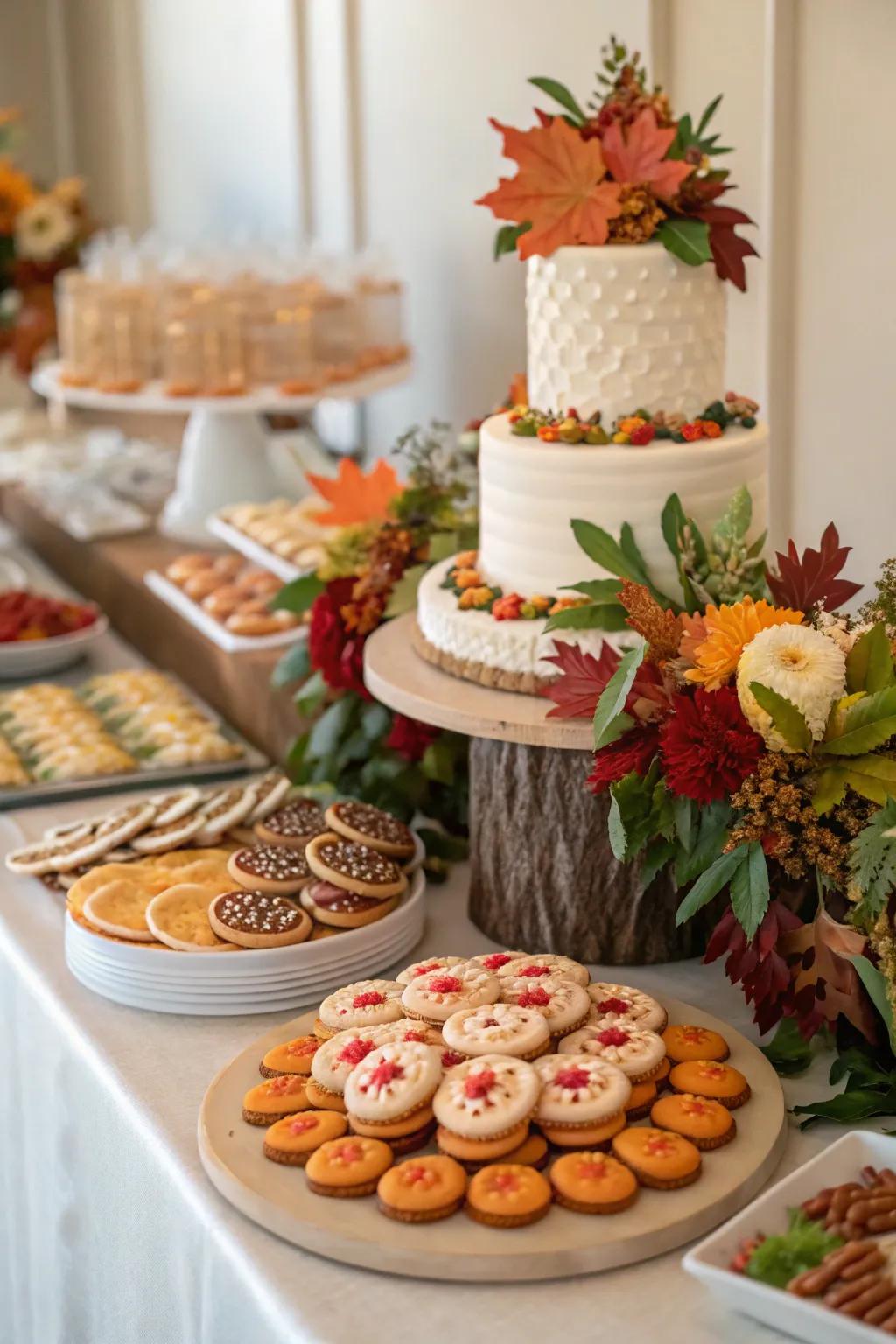 Seasonal decorations add a timely touch to a wedding cookie table.