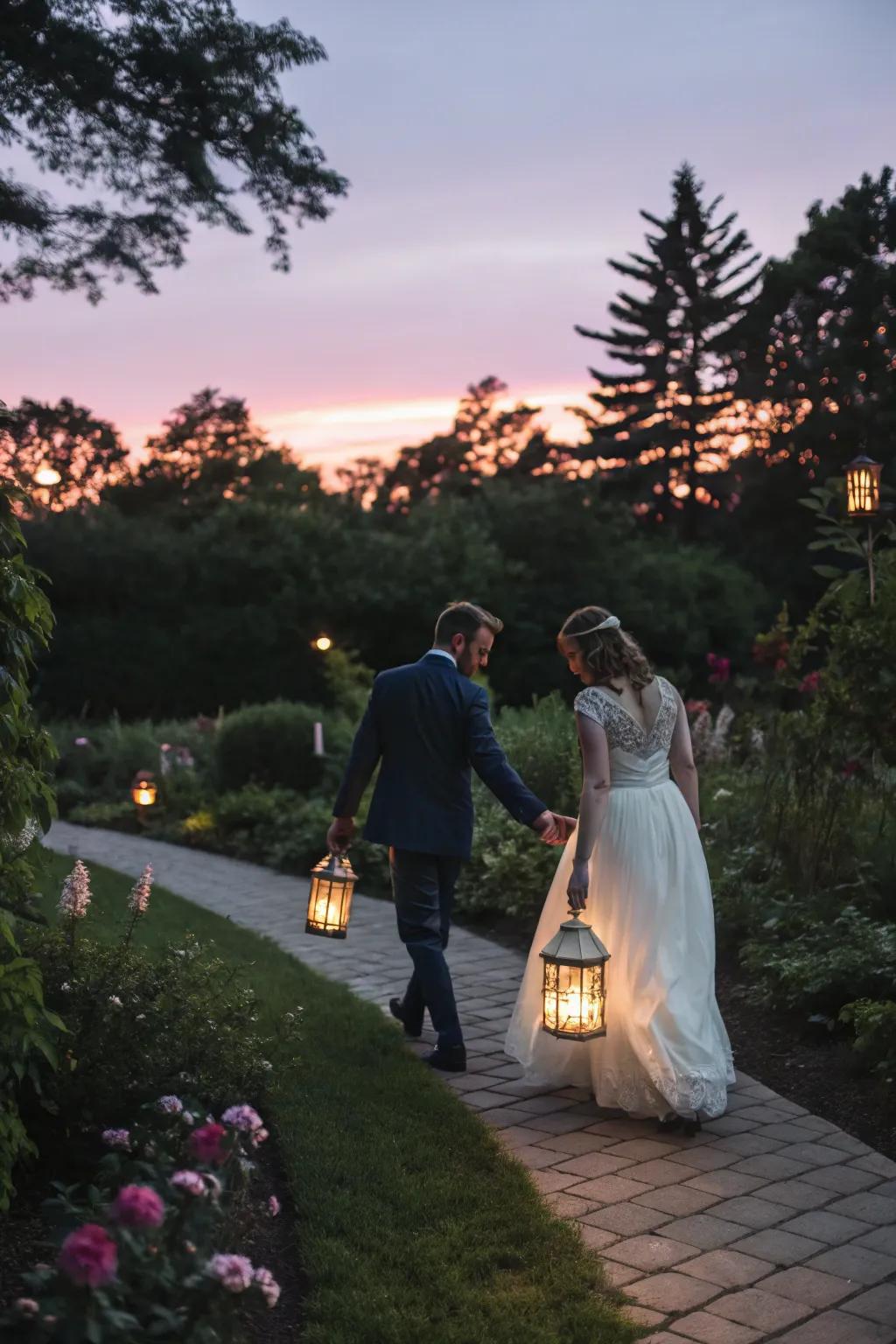 A lantern procession cultivates a serene and traditional entrance.