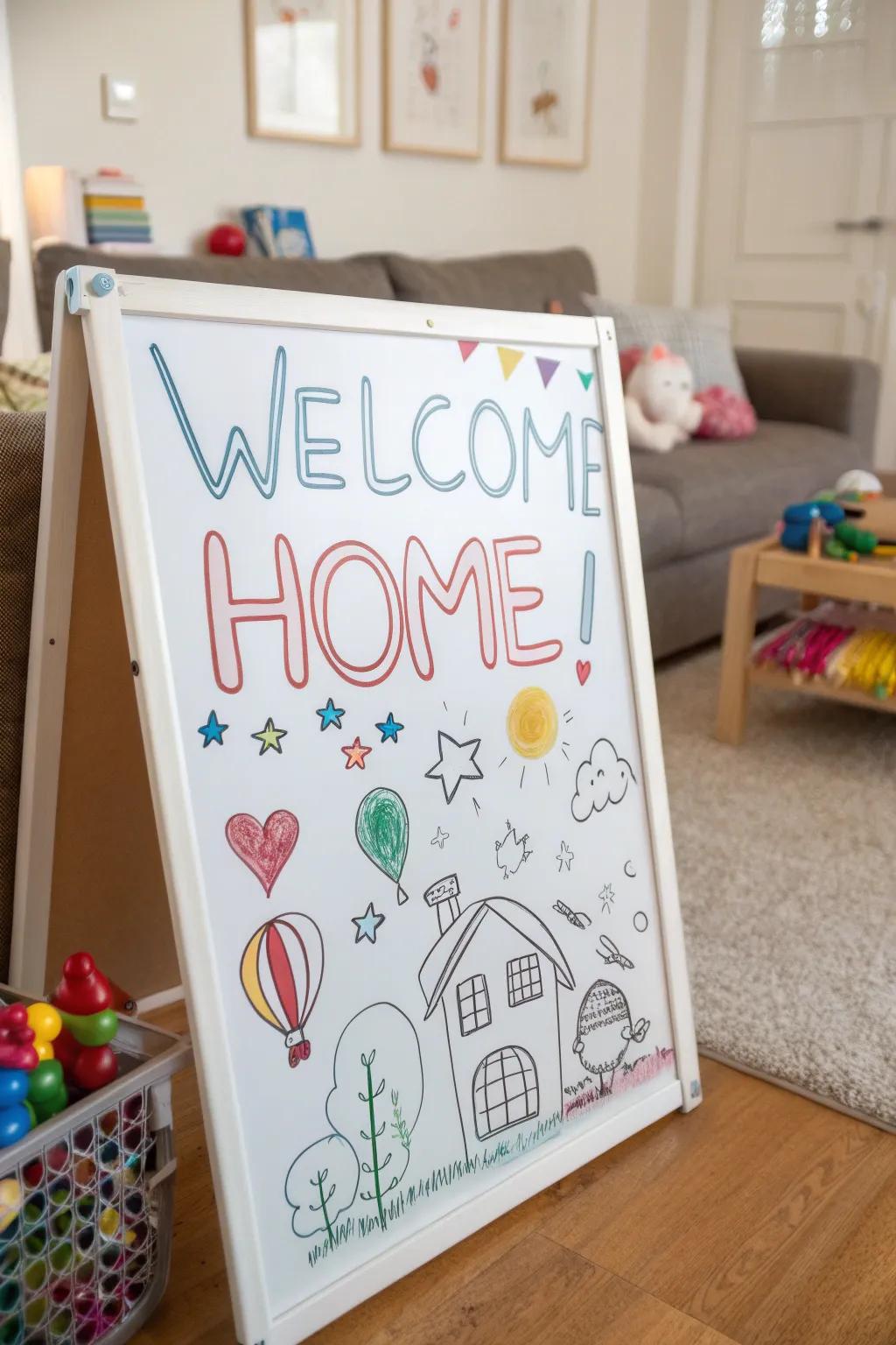 Playful sketches creating a family-oriented magnetic writing surface welcome.