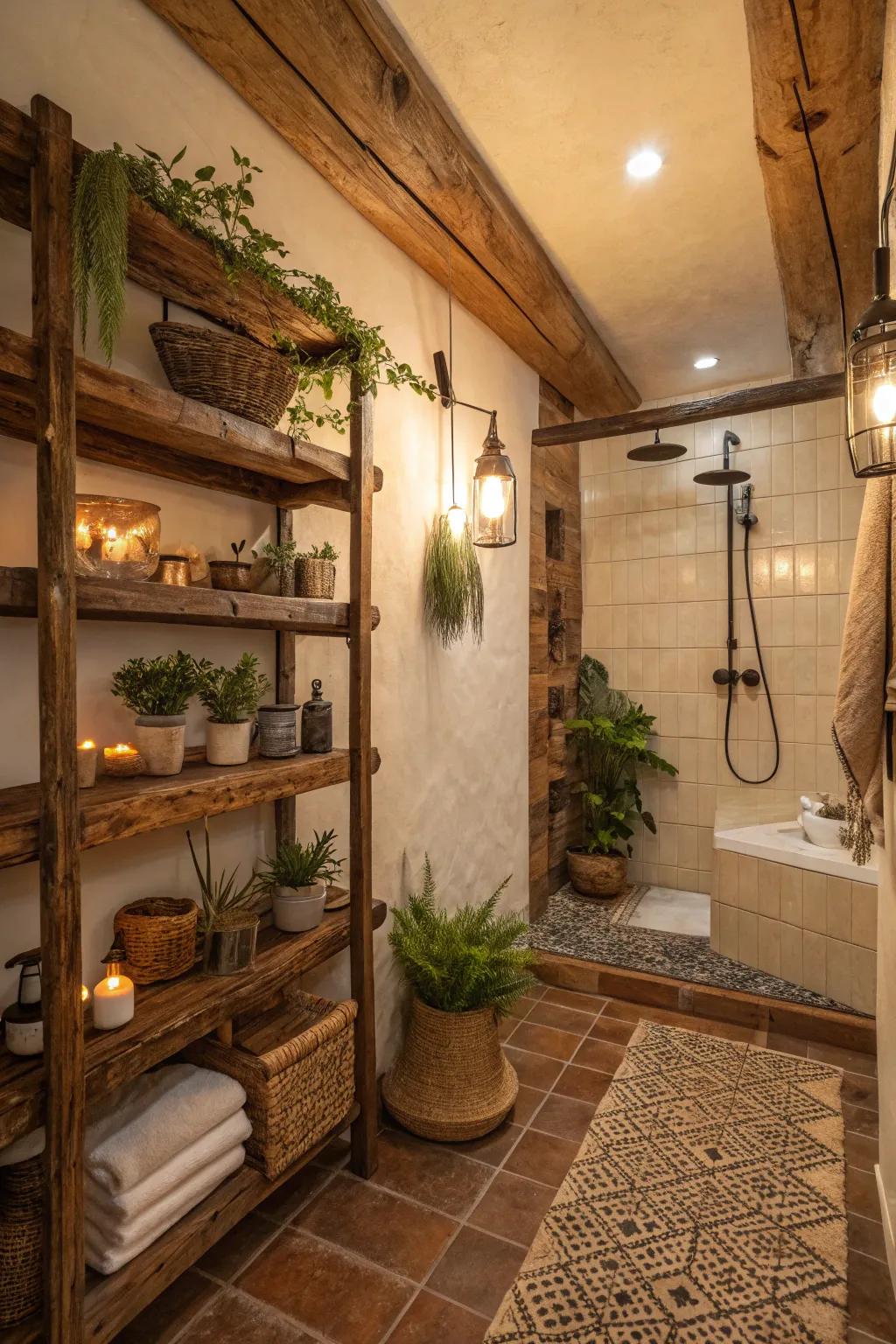 Above shower decor creates a statement in this Western bathroom.