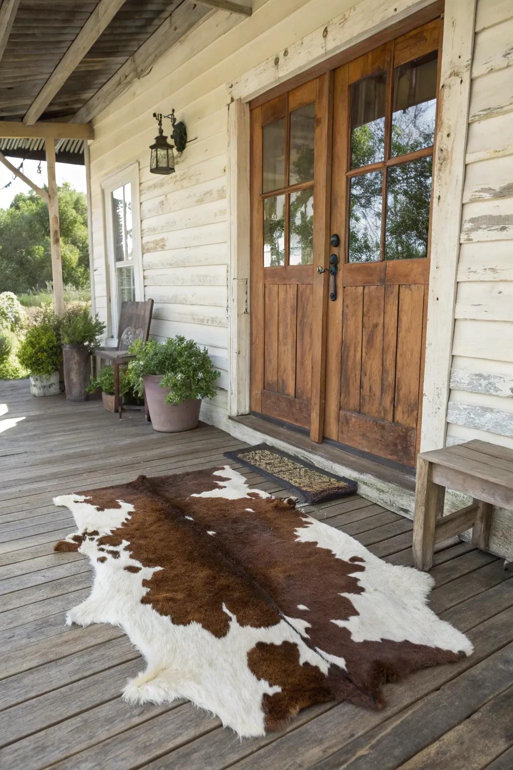 A bovine hide rug contributes bold western flair.