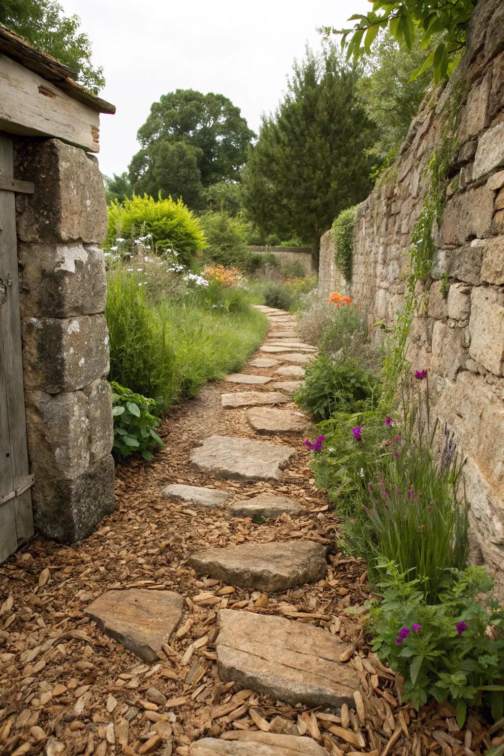 Wood pieces provide a rustic and earthy touch to flagstone paths.