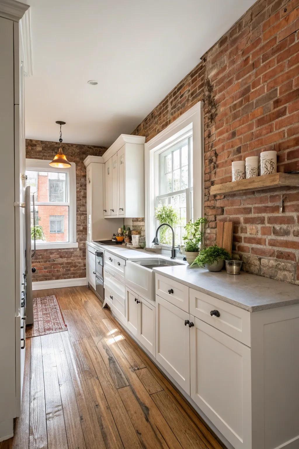 The kitchen's character and charm are enhanced by the presence of architectural details.