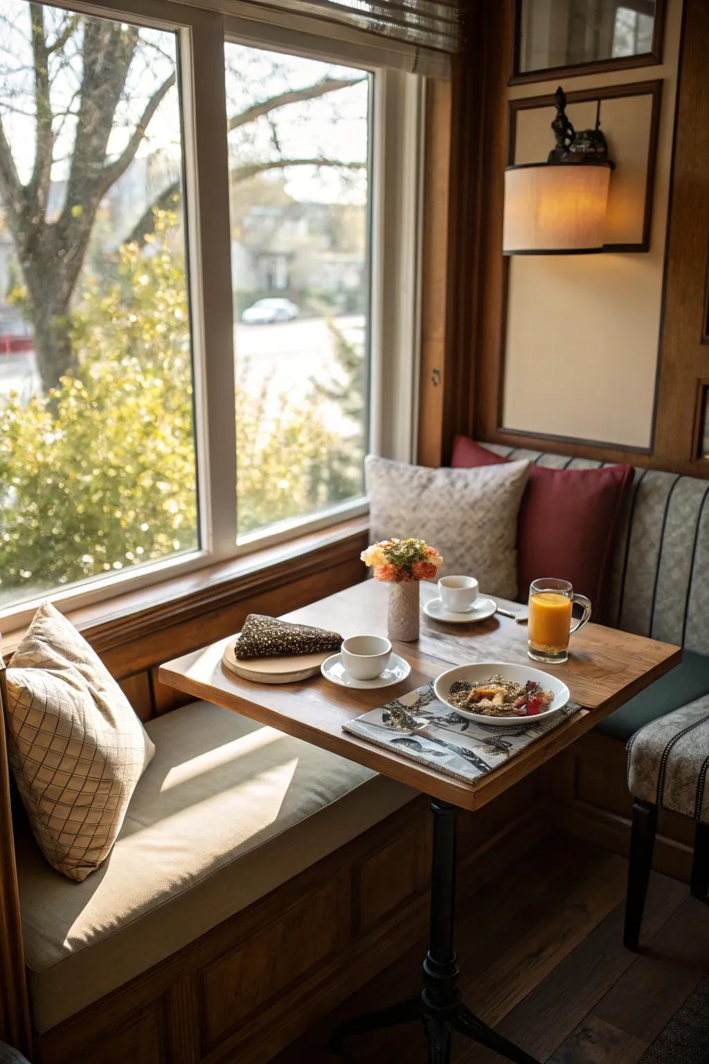 A breakfast designated corner adjacent to the window provides a charming location for casual dining activities.