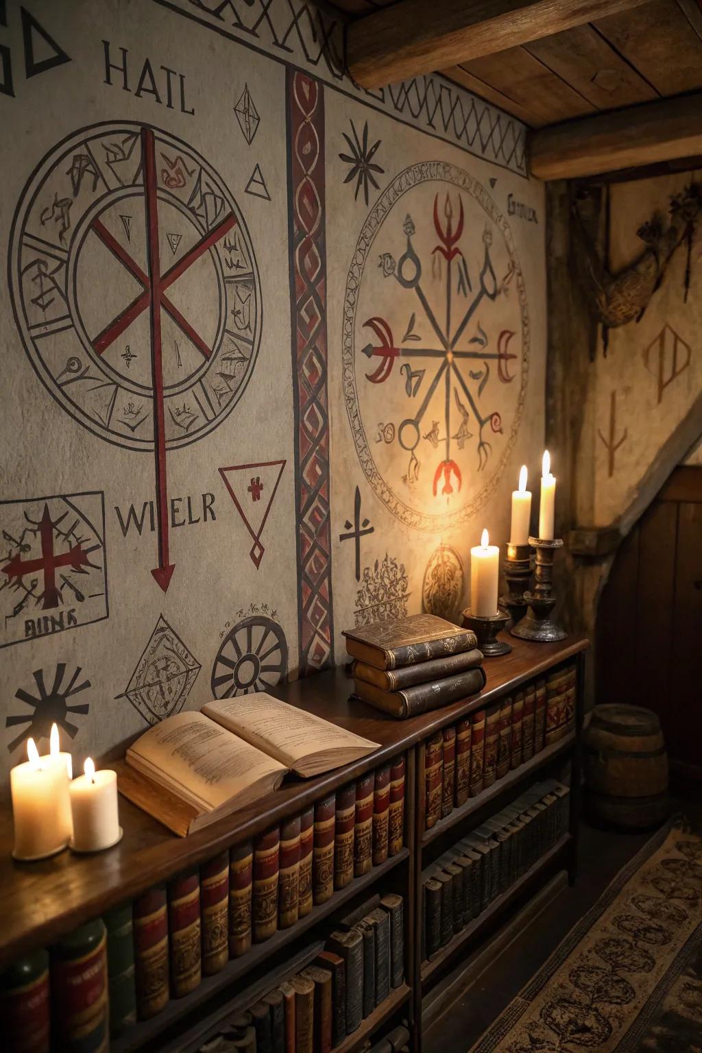 Glyphs and symbols contribute ancient magic to the chamber.