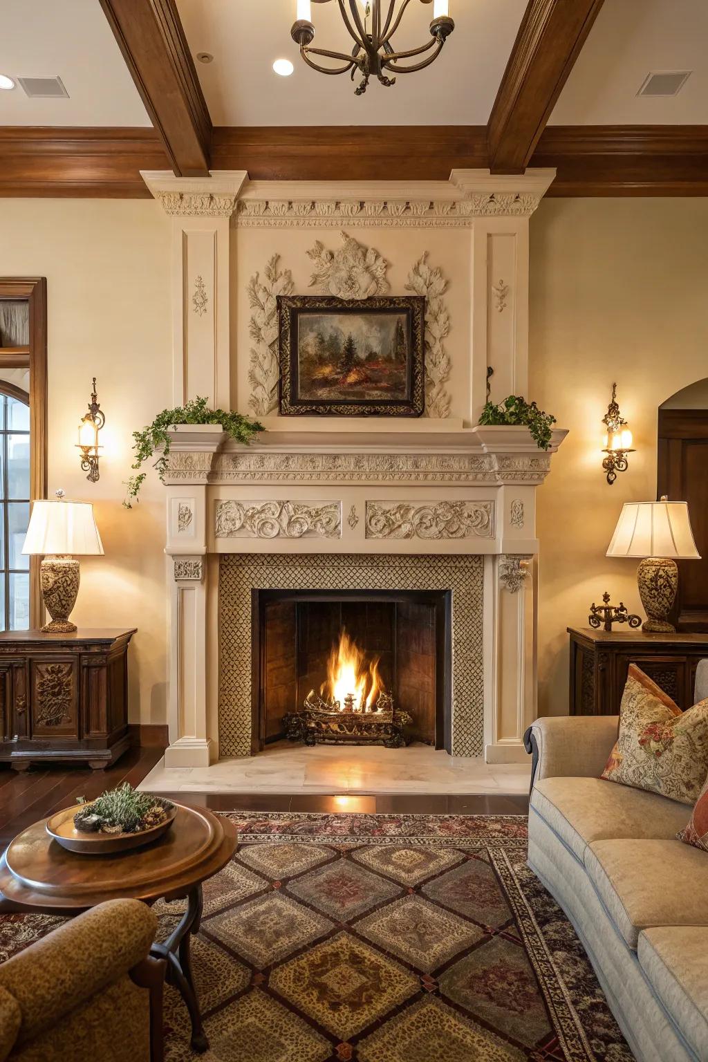A grand fireplace featuring a statement mantle for visual impact.