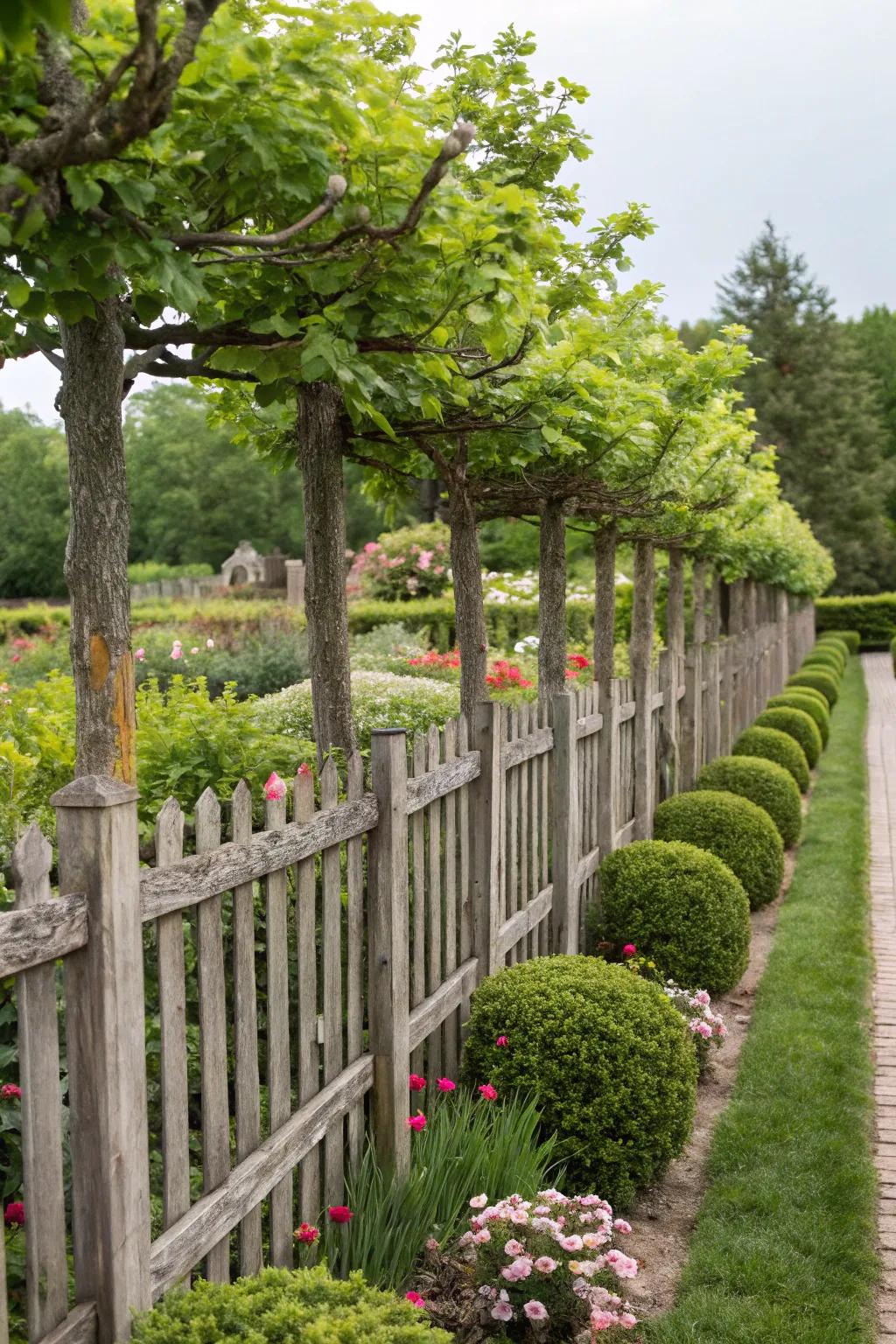 Espaliered trees transform fences into living walls filled with environmental beauty.