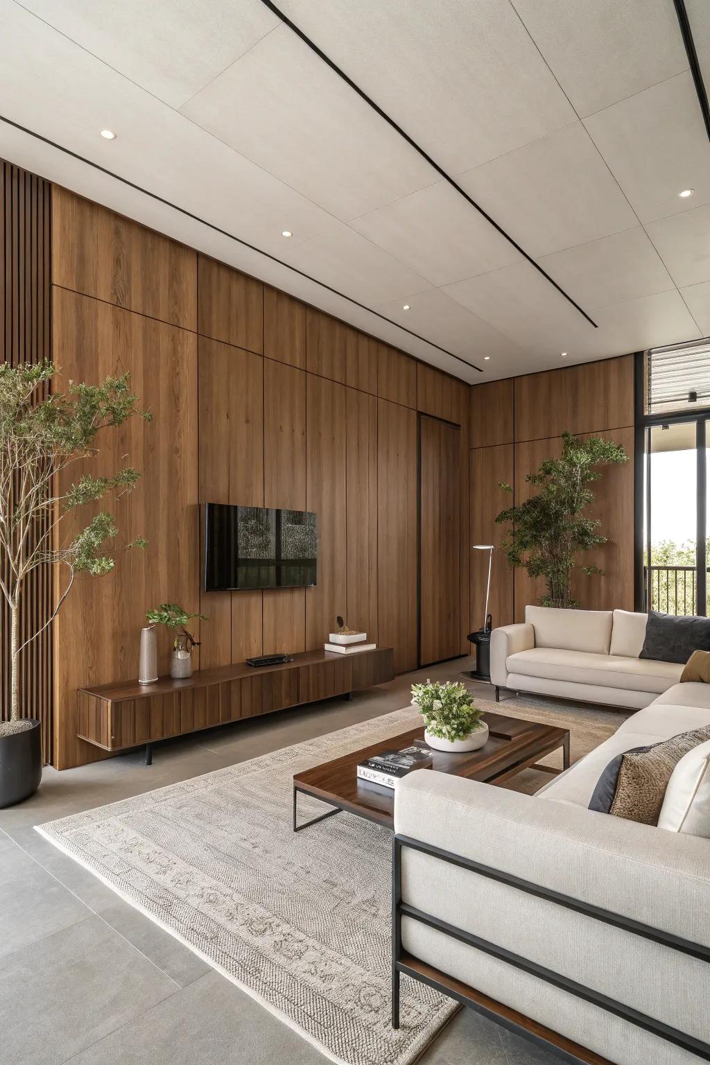 Streamlined timber cladding exquisitely enhances minimalist decor.