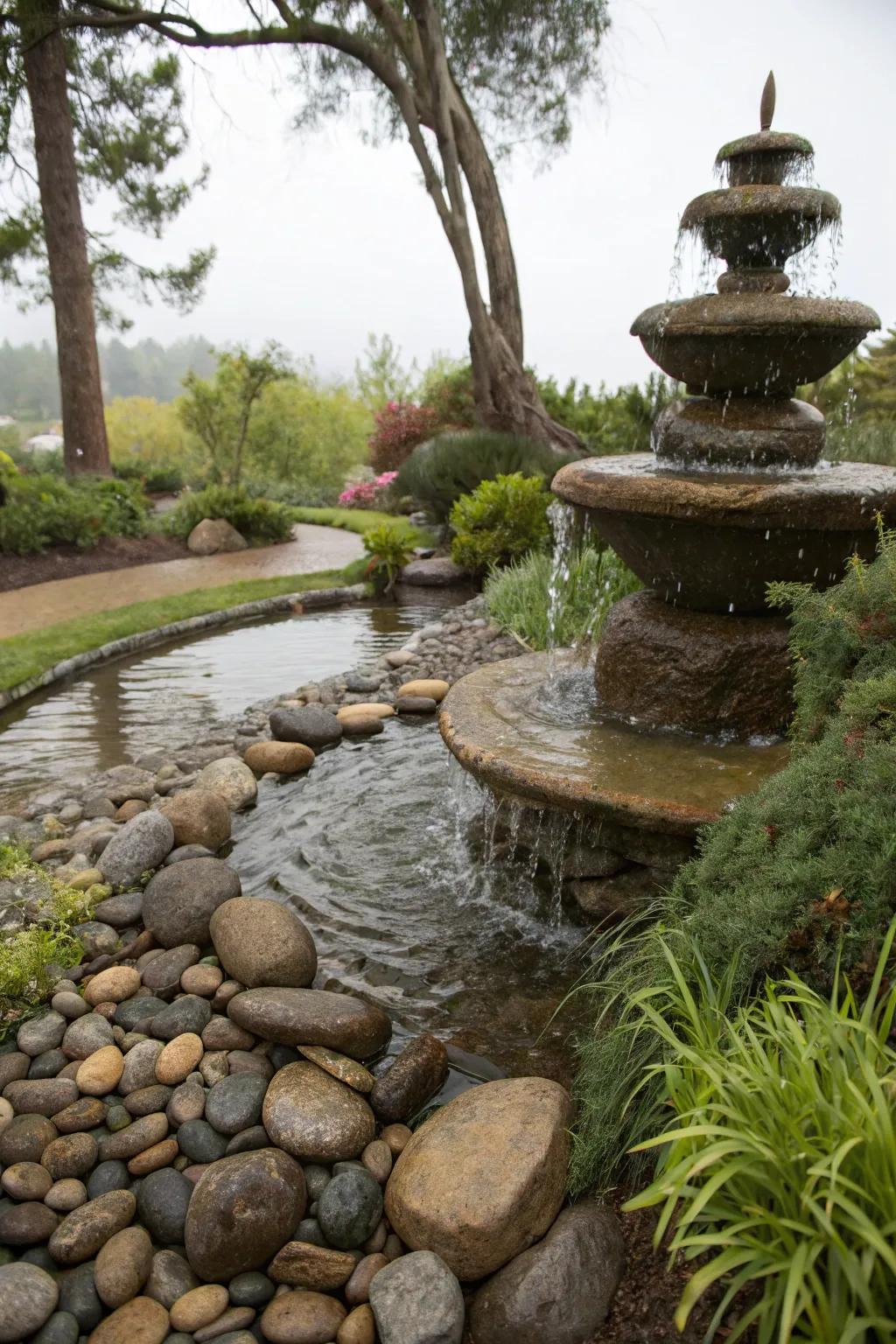 A stone brook spring establishing a natural and soothing garden brook.