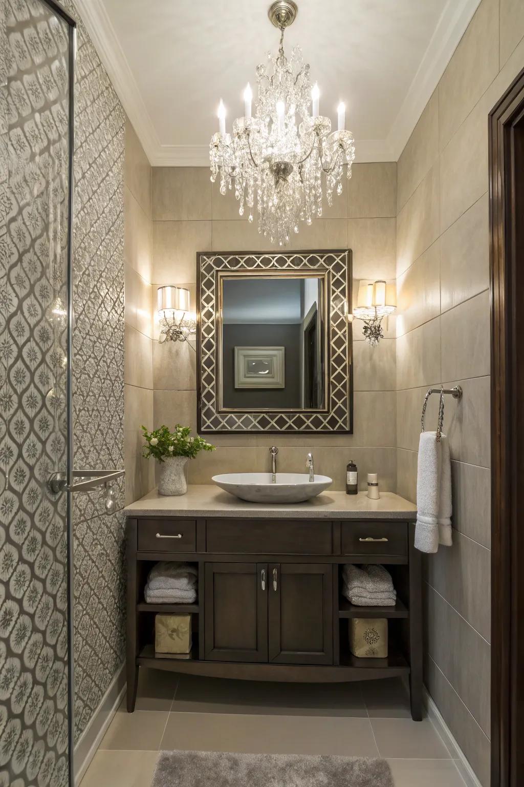 A small pendant light brings a luxurious feel to a powder room.
