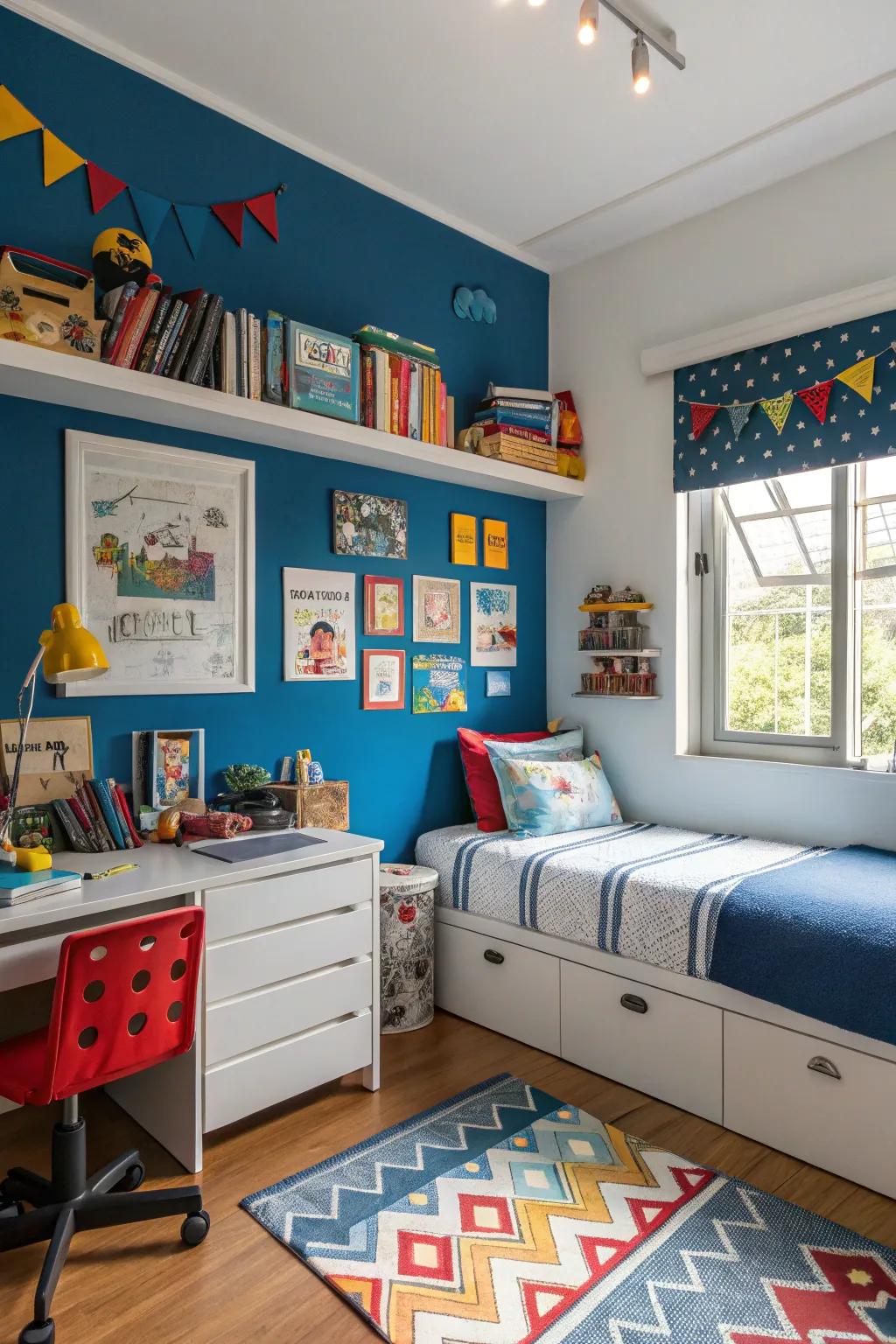 A striking blue feature wall brings liveliness and vitality to a boy's bedroom.