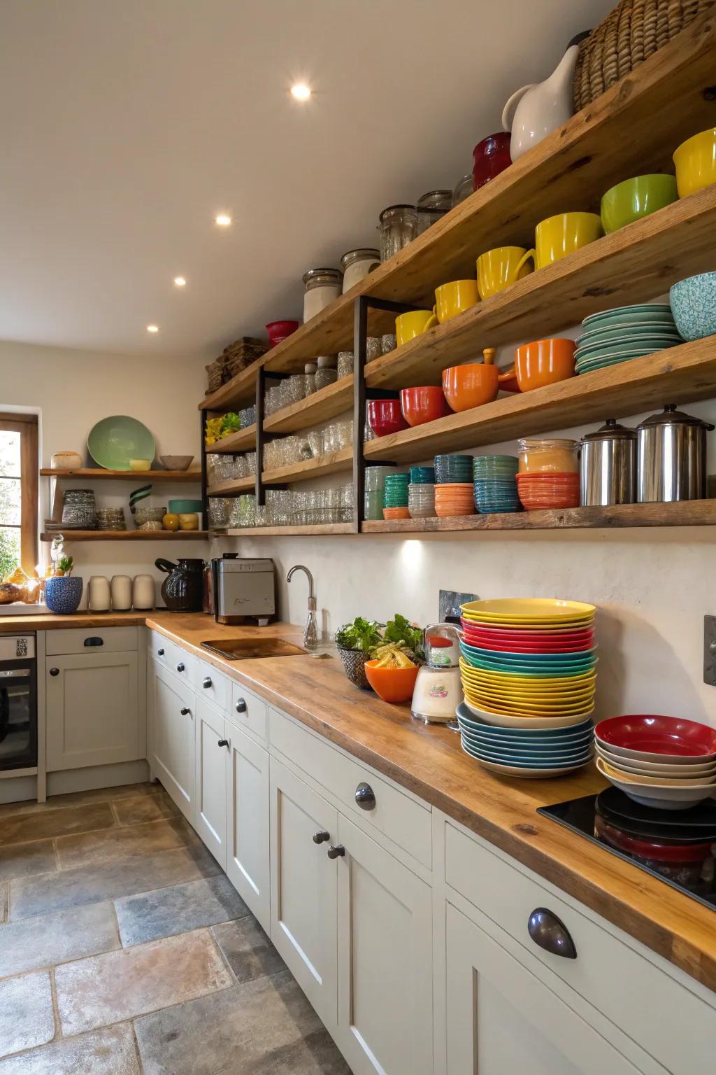 Open shelving introduces an element of sophistication to a modestly sized kitchen.
