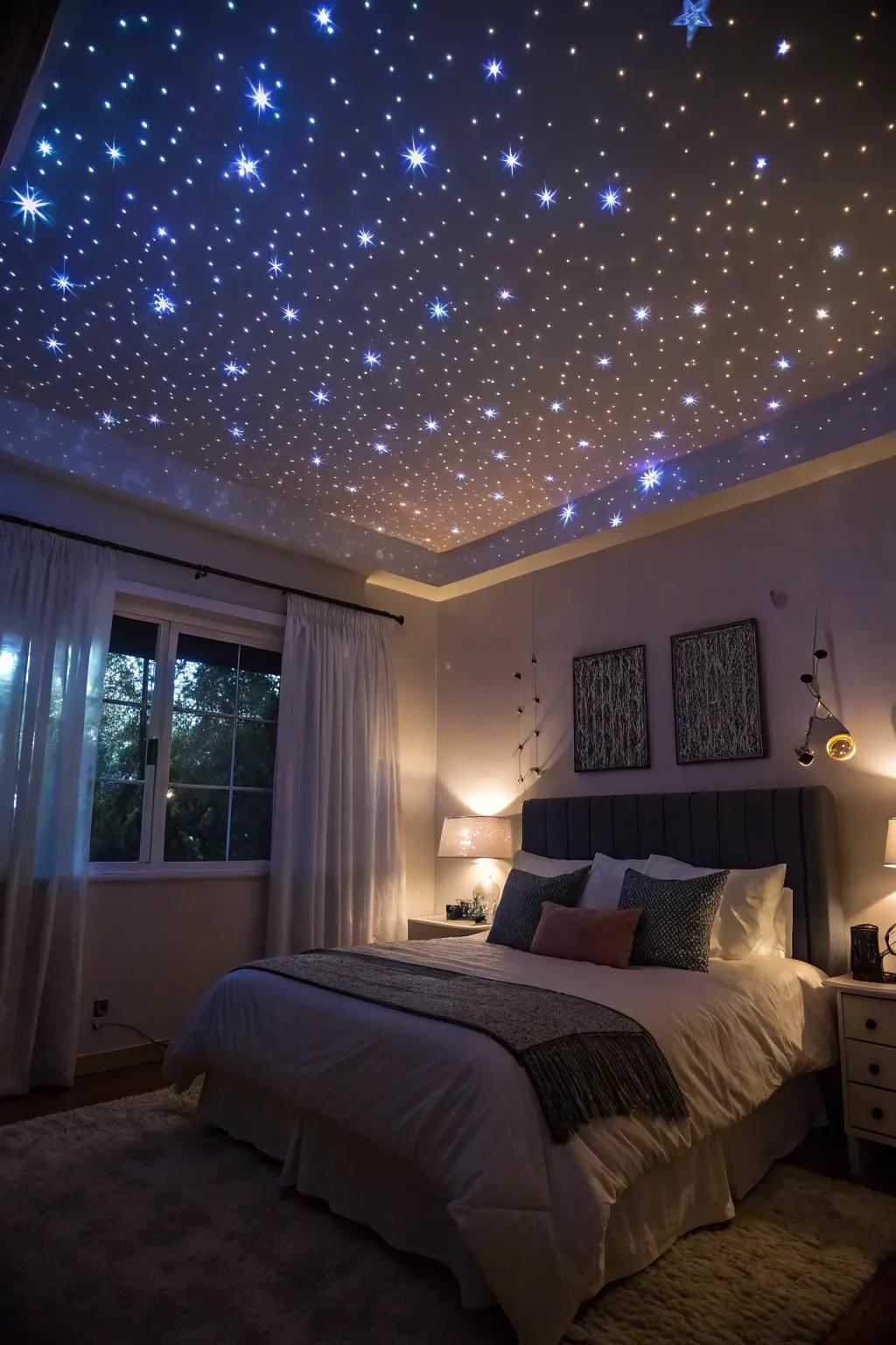 A galactic-themed room featuring starlit visualizer lights, establishing a dreamy night atmosphere.