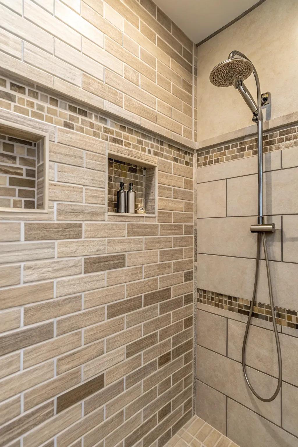 The staggered brick arrangement infuses a traditional warmth into contemporary showers.