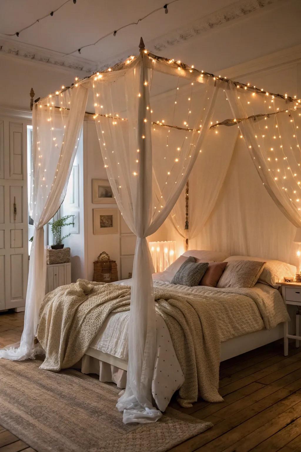 An ethereal canopy bed ornamented with shining fairy lights.