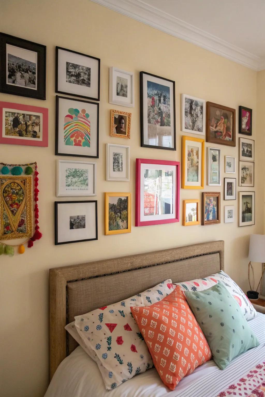A curated wall display highlighting personal creativity and memories.