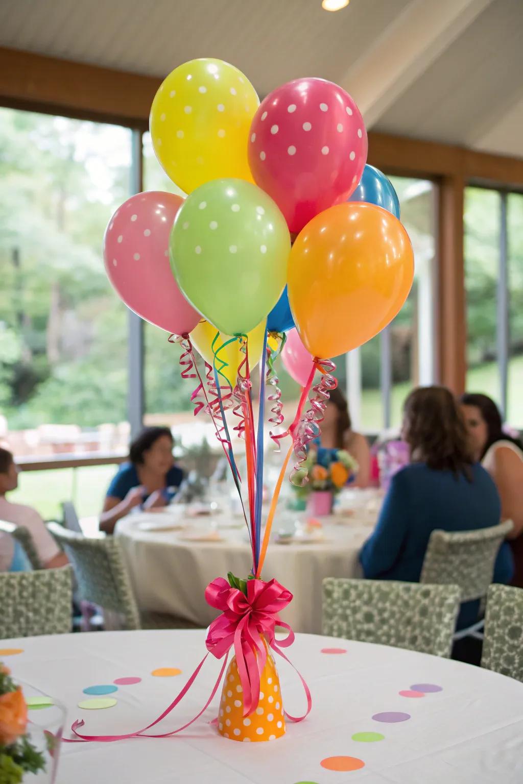 A cheerful balloon centerpiece brings happiness to the birthday festivities.