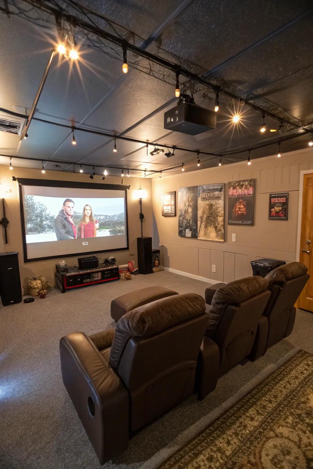 Convert your garage into a personal cinema featuring plush seating and a large display.