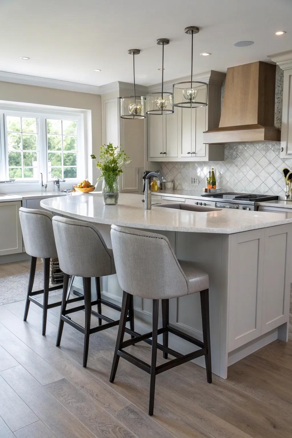 Relaxed seating enhances the social dynamics of a kitchen featuring a 45-degree angled island.